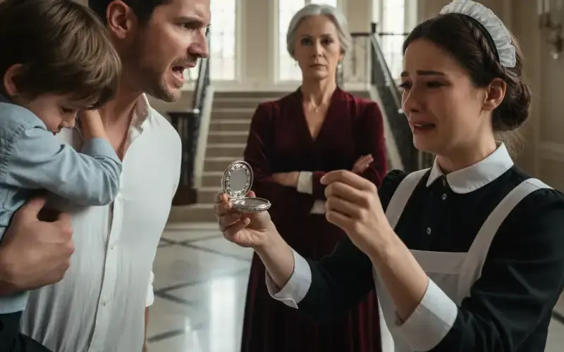 The scene unfolds in the opulent entrance hall of Julian’s mansion, where natural light streams through floor-to-ceiling windows, illuminating what should have been a peaceful afternoon.