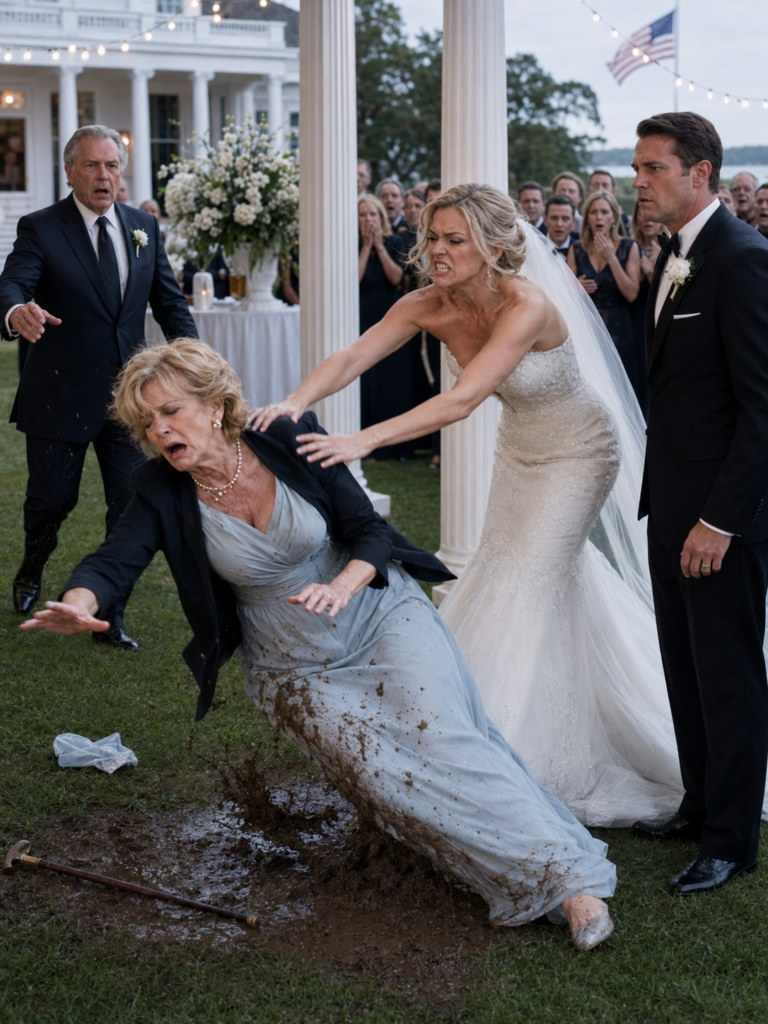 My son’s bride pushed my wife into the mud in front of two hundred wedding guests, then laughed like it was part of the entertainment. My wife was still holding the handkerchief she had carried for our son since he was a boy. I picked up her cane, helped my wife stand, then walked to the microphone with the final payment in my pocket — and by the time I finished speaking, the bride was no longer laughing.