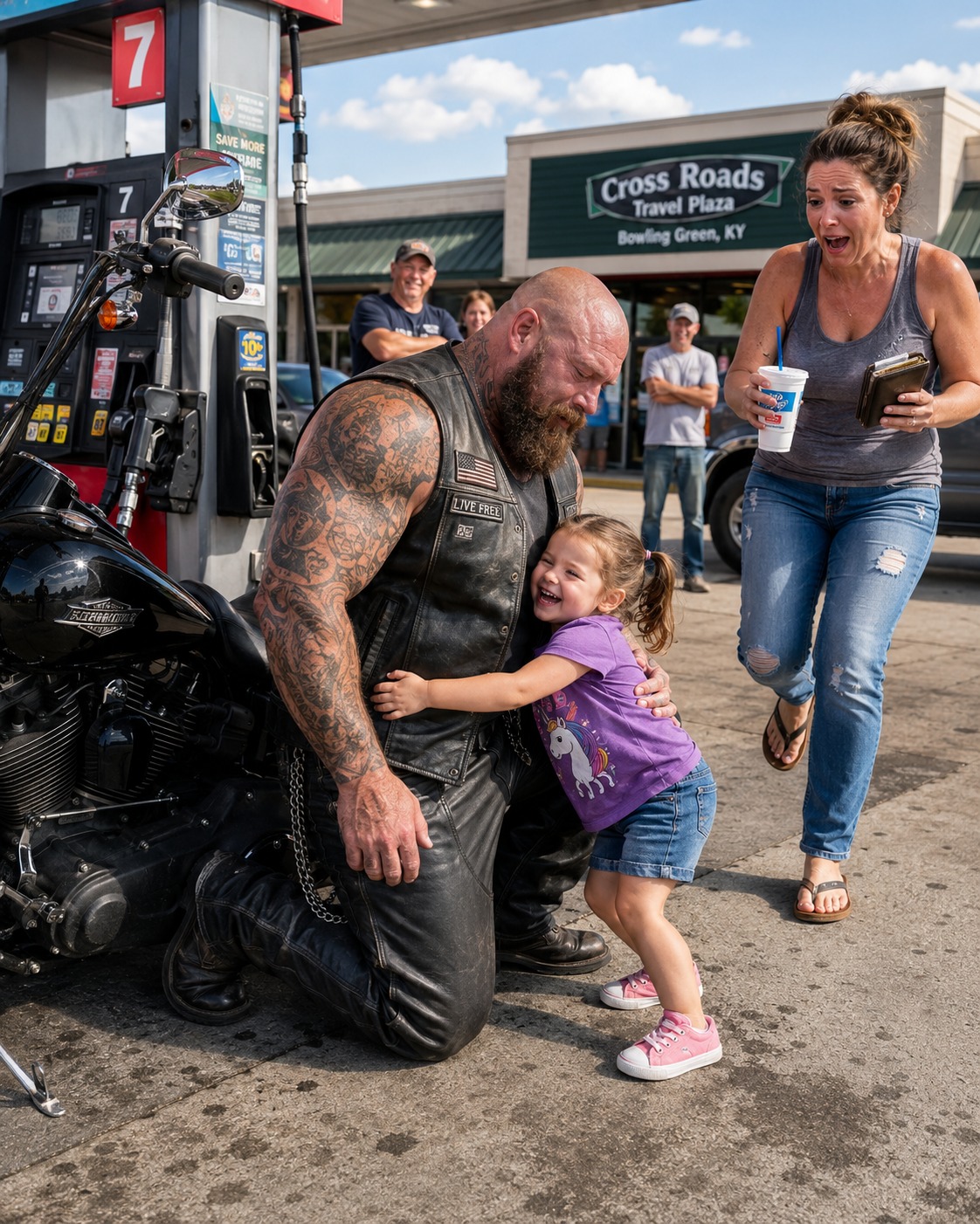 EVERYONE EXPECTED TROUBLE WHEN THE LITTLE GIRL RAN TOWARD THE GIANT BIKER ALONE — UNTIL THE MOTHER REALIZED WHY HER DAUGHTER REFUSED TO LET GO OF HIM