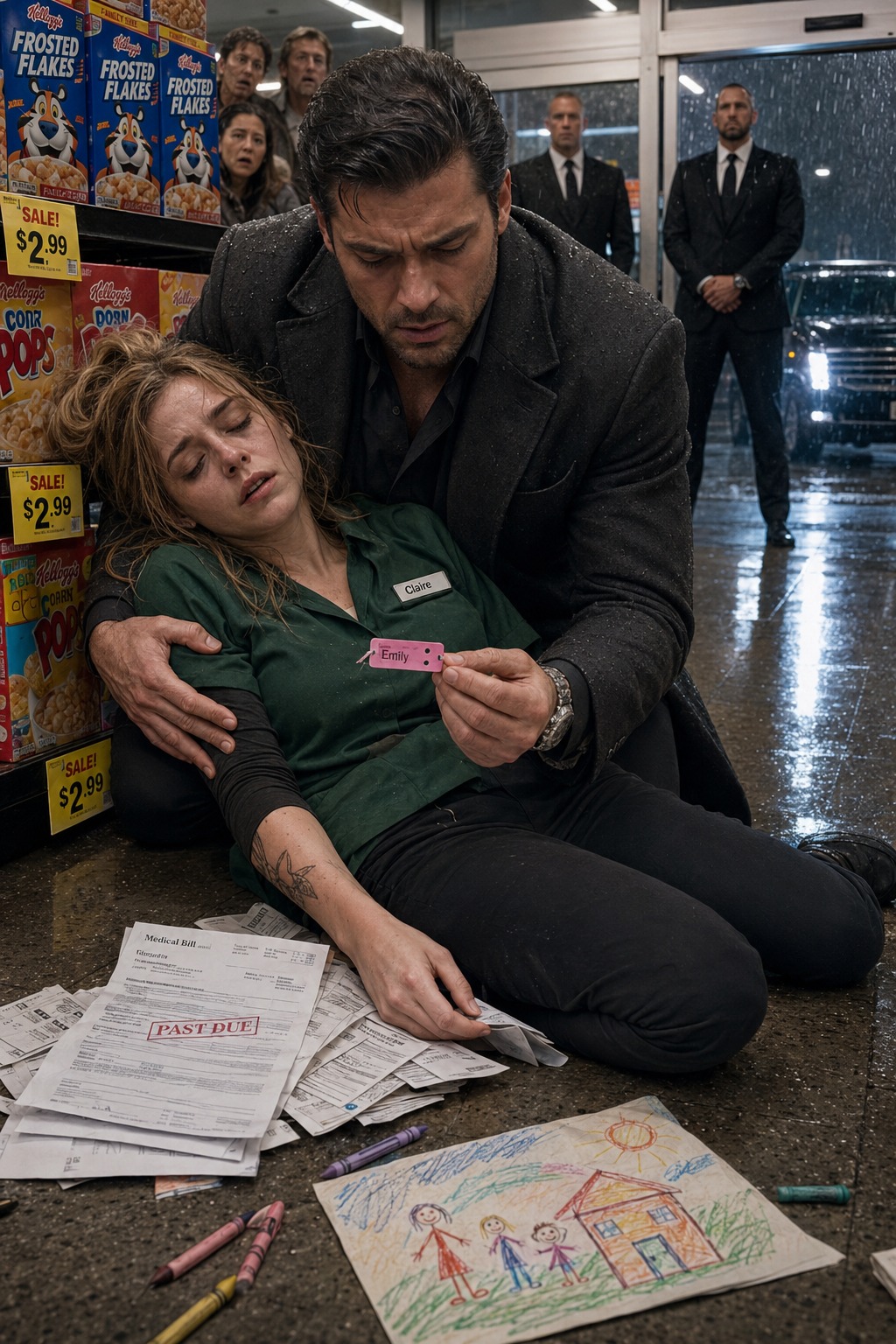 She Fainted at the Grocery Store—The Mafia Boss Caught Her… Then Discovered Her Secret by myquyenar • 15/05/2026  She Fainted at the Grocery Store—The Mafia Boss Caught Her… Then Discovered Her Secret I Collapsed Beside Discount Cereal on a Midnight Grocery Shift, and the Most Feared Man in New York Caught Me Before I Hit the Floor—What I Thought Was a Humiliating Breakdown Turned Out to Be the Night a Mafia King Noticed My Niece’s Hospital Wristband, Connected It to a Dead Woman’s Secret, and Changed My Entire Life  arrow_forward_iosRead more Play   00:00 00:21 01:31 Mute  Play I thought my biggest problem was overdue rent and a child’s hospital bill. Then I passed out under fluorescent lights, and the wrong man noticed the wrong piece of paper. By sunrise, I was in the back of a black SUV realizing my sister had not died by accident… and the most dangerous man in New York had already decided I was under his protection.  The first time Damien Moretti saw me, I was trying not to collapse beside a pyramid of discounted cereal and pretending hunger was just a headache.  That is the humiliating truth of it.  Not glamorous. Not cinematic. Not the kind of beginning anybody chooses when they imagine the moment their life gets ripped open and rearranged. There were no violins, no perfect lighting, no witty first exchange charged with irresistible chemistry. Just fluorescent bulbs buzzing loud enough to make my teeth ache, November rain smearing the windows of GreenMart Grocery on Lexington Avenue, and my body quietly failing after too many weeks of pretending exhaustion was manageable if I stayed polite enough about it.  People talk about being “stretched thin” like it is a metaphor.  It isn’t.  It is physical.  It is the way your hands shake while scanning a gallon of milk because you had half a granola bar yesterday and told yourself coffee counted as breakfast this morning. It is the way overdue notices change the chemistry of your brain until every purchase becomes arithmetic. A customer buys organic strawberries, and you don’t see fruit anymore—you see eight dollars and forty-nine cents, three days of subway fare, half a co-pay, one bottle of Emily’s medication if you skip eating dinner twice.  My name is Claire Bennett, and for six months my life had become a sequence of numbers, lies, and emergency improvisations disguised as adulthood.  Fine meant rent due in four days.  Fine meant stuffing a towel under the apartment window in Queens because the heating barely worked and Emily hated waking up cold.  Fine meant smiling at customers on fourteen-hour shifts while secretly calculating whether the electricity could wait another week if I paid the hospital first.  Fine meant telling everyone at work I was “a little tired” when in reality I had been hollowing out slowly since April, since my sister died, since a six-year-old girl with leukemia became my entire reason for breathing and also the one responsibility I could not afford to fail.  So when Maria asked over the headset, “Claire, you okay? You look pale,” I answered the way I answered everything then.  “I’m fine.”  That was one of my better lies.  Midnight shifts are strange in Manhattan.  The city doesn’t calm down after dark. It just changes species. Drunk finance guys in loosened ties buying expensive beer and frozen dinners. Parents pushing strollers like they’re maneuvering through combat zones. College kids arguing over ramen brands as if sodium were a moral issue. Men who avoid eye contact because loneliness becomes more visible under grocery store lights after eleven p.m. Women buying flowers with dead faces and no rings.  Outside, rain hammered the windows so hard the city looked like it had been painted in silver and then dragged sideways by grief.  Inside, I scanned. Smiled. Counted. Endured.  Then the automatic doors opened.  Every cashier looked up.  I still can’t tell you why. Maybe because expensive people always feel wrong in grocery stores, like they’ve wandered onto the wrong set by mistake. Maybe because power has its own weather and your body registers it before your mind catches up. Or maybe it was just the timing. Midnight. Rain. A store full of tired people and cheap fluorescent light, suddenly cut through by the arrival of men who moved like the world was accustomed to making space for them.  There were four of them.  Three in dark tailored coats that still carried rain across the shoulders, all broad backs and quiet attention and the unmistakable physical discipline of men who expected trouble and never expected to lose to it.  Then the fourth stepped through the doors.  Tall. Broad-shouldered. Dark hair brushed back neatly despite the storm. Charcoal overcoat, clean lines, expensive enough to look simple. The kind of face people might call handsome if the rest of him did not make that word feel flimsy and inappropriate. His eyes moved once across the store—gray, cold, sharply intelligent—and when they landed on me, every sound in my body misfired at once.  Not because I recognized him immediately.  Because everybody else did.  The stock boy near canned goods nearly dropped a crate of soup. One of the older cashiers looked down so fast it was almost a bow. Even the toddler crying near frozen foods went quiet in that eerie animal way children sometimes do around people they somehow understand are not to be tested.  I whispered into my headset, “Who is that?”  Maria answered immediately, and her voice had lost all its ordinary irritation.  “Damien Moretti.”  The name did not land like a name.  It landed like a door closing.  Everyone in New York knew Moretti. Not the details—powerful people like him are very good at making sure details remain rumor—but the outline. Shipping. Real estate. Restaurants. Construction. Docks. The kind of money that touches the city’s skeleton. The kind of influence that does not need to show up on paper to rearrange outcomes. And around all of it, the same dangerous fog of whispers.  Connected.  Untouchable.  Not a man you wanted looking too closely at your life.  I looked down immediately and tried to do what all ordinary people do when extraordinary danger passes briefly through their orbit.   Disappear.  I reached for the customer’s receipt. Missed it.  Tried again.  The floor tilted under me so hard I barely had time to understand what was happening.  There is a particular shame in your body giving out publicly. Especially when you have spent months forcing it to obey through sheer stubbornness. I heard someone say my name. Felt the register edge cut into my palm. Saw black spots scatter across the cereal display.  Then strong arms caught me before my head hit the tile.  Warmth. Dark wool. Rain and cedar and expensive cologne. My cheek pressed against something solid while the store dissolved into static and then nothing.  When consciousness returned, it came back in pieces.  Voices first. Distant. Distorted. Someone saying, “She’s freezing.” Someone else hurrying. The snap of a water bottle cap. The rising and falling tide of strangers pretending not to stare while absolutely staring.  I forced my eyes open.  I was on a black leather booth near the front of the store. Maria hovered nearby with a bottle of water and a face full of the kind of concern that instantly irritates you when you’re already humiliated. Customers lingered too close under the oldest social disguise in the world—*I’m not looking, I’m just naturally facing directly at this disaster*.  And beside the booth stood Damien Moretti.  Up close, he looked worse.  Not in appearance.  In effect.  Some men are handsome because symmetry was kind to them. Damien looked like he had been assembled deliberately for intimidation. Everything about him was precise. The cut of his coat. The stillness in his posture. The cold intelligence in his face. Even wet from the rain, he carried himself with the sort of contained force that made every surrounding person unconsciously behave better.  “I’m okay,” I whispered.  It sounded stupid as soon as I said it.  Maria snorted. “Claire, you literally passed out beside canned soup.”  I pushed myself upright too fast and the room tipped again. Damien’s hand closed around my forearm before I slid sideways.  Warm. Steady. Immediate.  “Easy,” he said.  Just that.  Nobody in the store spoke while he said it.  I became abruptly, painfully aware of how close he was, how cold my fingers felt, how damp and cheap my GreenMart uniform suddenly seemed, how expensive his coat smelled. Then I looked down and saw white papers scattered near his shoes.  Medical forms.  An envelope.  And, half-turned where it had slipped from my jacket pocket when I fainted, a laminated pediatric hospital wristband with tiny pink lettering.  Emily.  My blood went to ice.  I lunged for the papers so quickly the booth creaked. He had already seen the wristband. Of course he had. Men like Damien Moretti noticed the things ordinary people miss because their survival probably depends on it.  I jammed the forms back into my pocket. “It’s nothing. Just paperwork.”  He watched me for three long seconds.  Not suspicious.  Observant.  Like he was rearranging pieces in his head and did not yet like what shape they were starting to take.  Then he bent down and picked up the other thing that had slipped from my jacket during the fall.  A small crayon drawing.  Yellow sun. Stick-armed clouds. A little blonde girl and a scribbled house and careful childish writing across the bottom: **Love you Aunt Claire**.  His expression changed so subtly I almost missed it. Something in his face softened, though “soft” is not really a word that belongs easily near Damien Moretti.  He handed the drawing back to me like it mattered.  “Who is Emily?”  “My niece,” I said.  That was not technically a lie. It was just missing the shape of the loss attached to it.  He held my gaze long enough to make silence feel like a negotiation.  “You should sit down,” he said finally.  “I need to get back to work.”  Maria hissed my name in warning, but I was already sliding off the booth because pride is often the last thing broke people can still afford to waste.  Then he said, “You should see a doctor.”  And I answered, because by then the humiliation had curdled into honesty, “I can’t afford a doctor.”  No one around us moved.  It was just a sentence. An ordinary American sentence. Still, the way it landed in that bright grocery store felt like glass breaking. Maria looked at the floor. The cashier at aisle three found the gum rack fascinating. A mother near produce shifted her toddler to the other hip and pretended not to hear.  Damien’s expression did not change. But something behind it did.  Not toward me.  Toward the fact itself.  He held my niece’s drawing for half a second longer than necessary, then gave it back to me with the care of someone returning something more fragile than paper.  “Do not skip dinner again tomorrow, Claire Bennett,” he said softly.  And then he left.  No theatrics. No backward glance. Just the doors sliding open, rain rushing in, his men parting around him, and the entire store watching him disappear into the storm like the city had briefly opened its hand and then closed it again.  I should have forgotten him after that.  Any sensible person would have.  But sensible stopped being the dominant force in my life around the same time my sister started coughing into tissues she thought I didn’t notice.  By two in the morning, my shift ended.  The rain hadn’t stopped. Manhattan had turned into a wet electric blur of headlights, steam, and impatient exhaust. I pulled my thin jacket tighter, adjusted the grocery bags cutting into my fingers, and started the walk toward the subway because that is what people like me do. We keep moving even when every part of us is asking to stop.  Maria had tried once more before I left.  “Please tell me you are not walking to the train alone after fainting in public.”  “I do it every night.”  “Yeah,” she said. “And tonight the mafia king of Manhattan told you not to.”  I rolled my eyes at her because that’s what you do when your coworker says something insane enough to sound dramatic. But her words stayed with me anyway.  The blocks toward the subway were darker than usual. Rainwater rushed along the curb in dirty silver streams. The city after midnight always smelled like wet concrete, cigarette smoke, and old heat coming out of underground vents. My body still felt half-empty. My brain was moving slower than it should have. All I could think about was Emily asleep in our apartment in Queens, probably curled around the stuffed rabbit she’d had since before my sister got sick.  My phone buzzed.  Unknown number.  I almost let it ring out. Something made me answer.  “Hello?”  One second of silence.  Then: “Did you eat the sandwich?”  I stopped walking so abruptly a man behind me muttered something angry and kept going.  “How did you get this number?”  “You avoided the question.”  Rain dripped off a fire escape above me and onto my shoulder. I stared at the sidewalk as if the answer might be written there. “That is the least normal opening line anyone has ever used on me.”  “Claire.”  My name sounded different in his voice. Slower. Intentional.  “Did you eat?”  I looked down at the untouched deli sandwich under my arm.  “Not yet.”  A quiet exhale came through the line. Relief, maybe. Or irritation dressed as restraint.  “There is a diner on 47th Street,” he said. “Still open. Go inside. Sit down for twenty minutes. Then go home.”  “Are you tracking me right now?”  “You are walking alone at two in the morning after collapsing from exhaustion.”  No denial.  Somehow that honesty made the whole situation feel more dangerous, not less.  Ahead of me, the subway entrance flickered under bad lighting. Two men lingered near the stairs, one pacing with a cigarette, another half-hidden under the awning. On any other night I might have ignored them. New York teaches women to sort threats constantly and keep moving anyway. But exhaustion changes the calibration. So does being told, in a voice like Damien Moretti’s, that you should not be alone.  A black SUV rolled slowly down the opposite side of the street.  Tinted windows. Quiet engine. Clean lines too expensive for coincidence.  My pulse jumped.  “Claire,” Damien said. “Look to your left.”  Halfway down the block, parked beneath a streetlamp, another black SUV sat with its headlights on. One of the men from the grocery store leaned against the driver’s door, hands in his coat pockets, watching the street.  Watching me.  “You sent someone to follow me?”  “To make sure you got home safely.”  I should have been furious. Maybe I was, somewhere beneath the exhaustion and the cold and the impossible relief.  Instead, warmth spread through my chest in a way that made me instantly suspicious of myself.  That is the problem with loneliness.  The smallest sign of sustained attention can feel like rescue.  “You do this for every cashier in Manhattan?” I asked.  Silence.  Then, quiet enough to matter: “No.”  I went to the diner.  Not because I trusted him.  Because my legs felt weak, the subway looked wrong, and Damien Moretti had somehow developed the ability to make simple instructions feel less like suggestions than predictions.  The diner on 47th was warm in the tired, overworked way all late-night diners are. Burnt coffee. Bacon grease. A grill that had probably not been fully cleaned since the Clinton administration. I slid into a booth by the window and ordered the cheapest thing on the menu while rain dragged the city outside into abstract streaks of light.  Across the street, the SUV stayed parked.  Watching.  Guarding.  Or maybe just waiting.  My phone stayed in my hand long after the call ended. Then the hospital called.  Fear has a sound when it enters your body too quickly. It is almost silent. The absence of everything else. I answered before the second ring finished.  “Miss Bennett? This is St. Mary’s Pediatric Oncology Department calling to confirm Emily Carter’s appointment tomorrow at 9:30 a.m.”  Emily Carter.  My sister’s last name.  Every time I heard it out loud in a formal setting, something tightened in my chest.  “Yes,” I whispered. “We’ll be there.”  Then came the sentence I had already been expecting and still could not bear.  “There is also an outstanding balance on the account we need to discuss before treatment continues.”  Of course there was.  There always was.  That is the ugliest part of serious illness in America. Not the headlines. Not the big tragedies people understand in the abstract. The paperwork. The repetition. The endless professional politeness around financial ruin. The way the same child can be precious to one department and past due to another.  “I understand,” I said.  Another lie. I understood nothing except panic.  When the call ended, I stared into my soup until the steam blurred my vision. Across the street, the black SUV headlights still glowed like patient eyes.  Then the bell above the diner door jingled.  Cold air rushed in.  And Damien Moretti walked inside.  There was something almost absurd about it. This man who belonged in private rooms with darker conversations, now stepping into a diner where the coffee came in chipped mugs and the waitress wore silver hoop earrings and crossword-puzzle concentration. He looked too expensive for the room. Too dangerous for it too. Conversations dropped around us without fully stopping. The cook near the grill straightened. The waitress abandoned her puzzle and pretended she needed to check sugar packets.  Damien ignored all of them and came straight to my booth.  “You followed me here,” I said.  “I told you to eat.”  His gaze dropped briefly to the half-empty soup bowl, and something like approval flickered across his face.  It should not have affected me.  It did.  “This is insane.”  “Probably.”  That answer almost made me laugh.  Almost.  Then he sat across from me without asking.  That should have offended me more than it did. But I was too tired, too rattled, too aware of the hospital forms still tucked into my jacket pocket and the overdue bills waiting at home like unwelcome roommates.  His eyes moved once toward the papers. Then back to me.  “Emily is sick.”  Not a question.  “She has leukemia.”  The words came out quietly. They always did. As if speaking them too loudly might somehow make them final again.  He did not offer sympathy. He did not say *I’m sorry*. I think he understood, maybe better than most, that there are losses too active for that phrase to touch.  “How long?”  “Almost a year.”  I looked down at my coffee and, because he did not interrupt, because he did not perform comfort, because something in his stillness made truth feel possible in a way it hadn’t for months, I told him more.  About my sister Rachel.  About how she worked for a law firm downtown.  About the night she showed up at my kitchen table shaking so badly she spilled tea all over the counter and said she found something she should not have.  About how she refused to name it.  About how she only said if anything ever happened to her, I needed to protect Emily.  Then, three days later, she was dead.  The newspapers called it a car accident.  The police called it unfortunate.  The city moved on.  Poor people do not get mysteries in New York. We get official paperwork and eventually learn to stop expecting the truth.  Damien listened with the stillness of someone cataloging damage.  Then he asked, “Did Rachel ever mention names?”  I should have lied.  I did not.  “Just one.”  He waited.  “Volkov.”  Something happened in his face then that no amount of composure could fully hide.  Not surprise.  Recognition.  The kind that arrives too fast to fake.  He looked away briefly toward the rain-striped window, and when he looked back, the air around the booth felt different. Colder. More focused. As if my life, which until that point had mostly consisted of ordinary desperation, had just slid suddenly into a map he already knew by heart.  “Who is he?” I asked.  “Ivan Volkov,” Damien said slowly, “is not a man ordinary people hear about by accident.”  The diner became too small around those words.  My stomach tightened.  “I don’t know anything,” I whispered.  “They do not know that.”  The sentence chilled me more than the name had.  Before I could ask anything else, Damien’s attention shifted. Not dramatic. Just a flicker to the diner entrance. Two men had come in wearing wet Yankees caps pulled low. One glanced around too quickly. The other followed his line of sight until it found me.  Damien became absolutely motionless.  “Do not turn around,” he said.  Panic surged anyway. “What?”  “Have you seen them before?”  I risked the smallest glance by using the reflection in the window. One man stood by the counter pretending to study the menu. The other scanned the room with too much focus for a late-night customer deciding between pancakes and eggs.  “Maybe,” I whispered. “I don’t know.”  “They are not here for coffee.”  My body understood the threat before my mind caught up.  He stood. Threw cash on the table. Reached for my hand under it.  That nearly broke my brain more than the danger did.  His fingers were warm and steady and absolutely sure.  “Stand up,” he said. “Stay beside me.”  We moved toward the door while the two men shifted too. Not running. Not making a scene. Just closing distance carefully enough that everyone else in the diner could keep pretending nothing was wrong.  Outside, rain hit us sideways.  One of Damien’s SUVs was already at the curb. Door open. Engine running. Men repositioning around us with that quiet, lethal efficiency I was beginning to understand was far more frightening than shouting.  Then I made the mistake of still trying to be a normal person.  “No.”  Damien looked at me as if I had switched languages mid-sentence.  “I don’t even know you,” I said. “You keep appearing everywhere. You know things about my sister. Strange men are following me. And now you want me to get into a black SUV at two in the morning?”  Across the street, headlights slowed and moved on. Behind us, the diner door opened. One of the men came out under the rain.  Damien did not lose patience. He did not argue. He just looked at me with that cold, impossible steadiness and said, “If I wanted to hurt you, we would not still be standing here discussing it.”  I hate how much sense that made.  One of the men behind him adjusted position. Another stepped quietly between me and the sidewalk. The man approaching from the diner reached into his coat and my body flinched so hard it hurt.  Damien moved instantly, pulling me behind him with one clean motion while his men closed the space in front of us like a gate.  The approaching man stopped under the streetlight.  Rain ran off his cap.  He slowly pulled out a phone.  Not a weapon.  But by then my pulse was already trying to leave my body.  Damien kept me behind him anyway.  When he finally turned back toward me, his expression had shifted into something I had not yet seen from him.  Concern.  Real concern.  “Inside the vehicle,” he said quietly. “Now.”  I got in.  Thirty minutes later, I was in the back seat of a black SUV crossing a rain-soaked Manhattan beside the man every sane person in the city would have warned me to avoid.  The interior was soft leather, muted lighting, cedar, expensive cologne, and the surreal silence that money buys when it is trying to separate itself from the world. The city outside smeared past in silver reflections and red brake lights. My phone buzzed constantly—landlord, work, payment reminder, life continuing to demand ordinary answers while something much darker was opening beneath it.  “Emily is alone,” I said.  “Someone is outside your building.”  Pure panic hit first.  He clarified before I could fully fall apart. “My security.”  “You sent strangers to my apartment.”  “I sent protection.”  I stared at him in disbelief. “You understand that normal people do not do things like this.”  A faint shadow of something touched his mouth. Not quite amusement. “Claire, I stopped being normal a very long time ago.”  There are lines that sound dramatic on paper and devastatingly matter-of-fact in person. That was one of them.  Then he told me one of his women had already gone to my apartment with food and toys so Emily would not wake up alone.  I almost shouted at him for the audacity.  Instead, to my everlasting irritation, I felt my chest loosen for the first time all night.  That is how dangerous men get in, I think.  Not just through fear.  Through competence.  Through showing up at the exact point where your normal life has become too fragile to hold the weight pressing down on it.  “Who are you really?” I asked him finally.  He looked out at the city for a moment before answering.  “My family owns shipping companies, restaurants, real estate, and other things people prefer not to discuss publicly.”  Honest enough to be insulting.  Not enough to be safe.  “Are you in danger too?”  The question surprised both of us.  He looked at me for a long second, and when he answered, he did not soften it.  “Constantly.”  The SUV turned through iron gates into a world that did not belong to people like me.  The estate was all stone and dark trees and warm lanterns and the kind of scale that makes your body feel immediately out of place. Security cameras tracked us. Guards moved without seeming to move. The house itself rose out of the storm like something old enough not to care whether weather approved of it.  “This is your home?” I asked.  “One of them.”  Of course it was one of them.  I became acutely aware of everything I was wearing. Damp GreenMart polo. Cheap sneakers darkened by rain. Jacket too thin for the season. Hospital paperwork folded against my ribs. The smell of grocery store coffee and wet city cold still in my clothes.  I didn’t belong anywhere near this place.  Damien noticed. Of course he noticed.  “Nobody here will disrespect you,” he said.  “That is not what I’m worried about.”  He watched me carefully. “What are you worried about?”  I looked out at the glowing windows, the gates, the men, the impossible house, and realized the answer before I said it.  Not the guards.  Not the mansion.  Not even the danger anymore.  I was afraid of how safe I suddenly felt sitting beside Damien Moretti.  That was the beginning.  Not of love. That would be too simple and too dishonest. Love does not begin cleanly when fear and relief are sharing the same bloodstream. It begins as recognition. As dangerous trust. As the slow, impossible realization that the person who should terrify you may be the only one taking your life seriously enough to save it.  Inside the house, everything was warm and silent in a way my apartment never was. No radiator hissing. No upstairs neighbors arguing. No sirens bleeding through cracked windows. Just polished wood, low light, old stone, discreet staff, and the unnerving reality of being in a place designed to survive attack.  A woman in a dark suit met us in the entry hall. Mid-forties, neat hair, kind eyes that had learned how not to look surprised by anything. She introduced herself as Elena and said Emily was asleep in one of the guest rooms after eating grilled cheese and drawing “an alarming number of cats wearing tiaras.”  I nearly sat down on the marble floor from relief.  “I want to see her.”  Elena nodded. No judgment. No questions. She led me upstairs while Damien remained below speaking quietly with one of his men in Italian. Even without hearing the words, I could feel the atmosphere changing around him. The same man who had made sure I ate soup and sat down was now issuing instructions in a tone that turned the whole room sharper around the edges.  Emily was asleep exactly as promised.  Curled under a white duvet far too soft for our usual life, one hand wrapped around her stuffed rabbit, blonde hair spread over the pillow. Someone had left a glass of water and crayons on the nightstand. A half-finished drawing of a princess with a sword lay beside them.  My knees nearly gave out at the sight of her.  I sat on the edge of the bed and brushed the hair off her forehead with shaking fingers. The relief hurt. That’s the part nobody tells you. Relief can hurt as much as fear if you’ve been carrying too much of both for too long.  Elena stood in the doorway quietly.  “Is she all right?” I whispered.  “She was frightened when she woke and didn’t find you. She was much less frightened after she was told she could choose dessert first.”  I let out a broken little laugh that almost turned into tears.  When I finally turned around, Elena was still there with the kind of calm presence only very competent women possess.  “You should sleep,” she said gently.  “I can’t.”  “Then at least sit down before you faint again.”  Apparently the whole city had become comfortable ordering me around.  When I came downstairs again, Damien was alone in what must have been some kind of private sitting room off the main hall. He had removed his coat. The suit beneath was black, severe, and cut so perfectly it looked almost indecent. A glass of whiskey sat untouched on the table beside him.  He stood when he saw me.  No man had ever stood when I entered a room before.  Not like that.  Not automatically.  “She’s sleeping,” I said.  He nodded once, and something in his face eased.  “Thank you.”  The gratitude embarrassed him. I could tell. Men like Damien are more comfortable with allegiance than appreciation. One can be managed. The other has to be felt.  “You still haven’t told me why Volkov matters,” I said.  He gestured toward the chair opposite him. Sit.  This time I did.  He told me enough to ruin any chance I had of pretending life could still shrink back to normal after this.  Ivan Volkov was not just a criminal. He was an infrastructure man. The worst kind. Someone whose business touched trafficking routes, financial laundering, protected records, identity brokers, and the private sale of information the world pretends cannot be purchased. If my sister stumbled across something connected to him while working at a law firm, her death being disguised as an accident was not only plausible.  It was standard.  My stomach turned.  “And Emily?”  He was quiet before answering, which I had learned by then meant the truth was worse than I wanted.  “If Rachel hid anything,” he said, “or if Volkov believes she did, then everyone she might have trusted becomes relevant.”  A terrible thought rose slowly through me. “She told me to protect Emily.”  Damien nodded.  “That wasn’t grief talking.”  I put both hands over my face.  For months I had been drowning in rent and treatment schedules and grief so relentless it dulled my instincts. I had believed the danger ended with Rachel. Believed survival meant surviving bills.  Meanwhile, somebody else had been watching the edges of my life.  Maybe because of the apartment. Maybe because of the hospital. Maybe because of some invisible file I didn’t even know existed. The thought made my skin crawl.  “Why are you helping me?” I asked him.  This was the real question. Not logistics. Not danger. Not Volkov. Motive.  A man like Damien Moretti does not pull a grocery cashier out of collapse, send security to her apartment, and open his home because he’s having an unusually charitable week.  He looked at me for a long moment.  Then he answered with a kind of blunt honesty I was starting to understand was his version of mercy.  “At first, because you fainted in front of me and I noticed the hospital wristband.”  A pause.  “Then because Rachel’s name touched a chain I’ve been trying to track for months.”  And then, softer: “And then because I saw your niece’s drawing and the way you tried to hide how frightened you are.”  There are truths that should feel manipulative and somehow don’t because the person saying them is too direct to perform innocence.  I looked away first.  The room was warm. The chair beneath me softer than anything I owned. Somewhere deeper in the house, a door closed gently. Rain tapped the windows more quietly now, as if the storm had finally exhausted itself.  “You make everything sound simple,” I said.  He gave the smallest shake of his head. “Nothing about this is simple.”  That should have reassured me.  It did not.  Because if Damien Moretti thought something was complicated, then the rest of us probably lacked the vocabulary for how bad it really was.  I should have left in the morning.  That was the rational plan I built in my head while Elena found me clothes that actually fit and someone sent up tea and my phone continued producing problems from the old world. Work wanted to know if I could still make my shift the next evening. My landlord wanted the balance plus late fee. St. Mary’s billing office had emailed a payment reminder dressed up as courtesy.  Old life. New house. Impossible overlap.  Then Emily woke up.  She came into the breakfast room wearing borrowed pajamas with tiny stars on them, rabbit tucked under one arm, and stopped dead when she saw Damien.  Children do not care about reputations. They care about energy. Safety. Whether someone looks like they’ll lie to them.  Emily studied him with grave six-year-old seriousness.  “You’re tall,” she said.  Damien, who had probably terrified senators and dockworkers and federal intermediaries before breakfast, blinked.  “So I’ve been told.”  She glanced at his untouched espresso, then at the tray of pastries.  “Do you own all of this?”  A pause.  “Yes.”  She accepted that immediately and climbed into a chair.  “I like your house,” she said. “It feels expensive.”  I nearly choked on coffee.  For one impossible second, Damien looked almost… amused. Not smiling. But close enough that the room changed around it.  “You are very honest.”  Emily shrugged. “Mom used to say lying makes your face tired.”  That sentence landed in the room like a dropped glass.  I looked down. Damien looked at Emily. Neither of us corrected her. Grief has its own etiquette. You don’t drag children through the mechanics of death every time they reach for the wrong tense.  By the time the hospital appointment came, Damien had already arranged a car.  I refused at first out of principle. Principle lasted about three minutes before I remembered the two men from the diner and the fact that I no longer knew which routines in my life were safe to repeat.  St. Mary’s looked exactly the same as always.  Bright murals. Worn waiting chairs. Coffee too bitter from the volunteer station. Parents carrying paper cups and private terror with equal skill. Children with blankets and bald heads and iPads. That is one of the cruelest things about serious illness. The scenery becomes normal before the pain does.  The difference was this time we were not alone.  Two of Damien’s people remained at a distance, dressed like ordinary private security in nice coats. Not ostentatious. Not aggressive. Just present enough that reception staff became instantly more helpful and no one from billing approached me in the waiting room.  That should have comforted me more than it did.  Instead, I felt unsteady.  Because the practical difference between being invisible and being protected is enormous. One leaves you exhausted. The other leaves you suspicious of how long it can last.  After bloodwork, after one consult, after the pediatric oncologist used phrases like “aggressive management” and “response indicators” while Emily colored a horse with purple wings, someone from billing finally found me anyway.  Of course they did.  She was kind. Professional. Soft-voiced. But kindness does not make numbers smaller.  There was an outstanding balance. Medication authorizations. Payment plans. Things that needed attention “to avoid interruption of care.”  I listened.  Nodded.  Promised what I could not promise.  When I came out into the hallway, Damien was there.  Not by coincidence, I later learned. He had arrived twenty minutes earlier and chosen not to intrude on the appointment unless needed. That was the sort of boundary that made him more dangerous, not less. Powerful men are easier to dismiss when they behave exactly as expected. Damien kept making room for dignity. It made resistance harder.  “You heard that?” I asked.  “Yes.”  “I don’t want you paying my bills.”  His expression did not change. “I did not offer.”  I should have relaxed.  I didn’t.  Because he had not denied wanting to.  That evening, back at the house, he showed me a photograph.  Rachel exiting her old law firm three weeks before her death. Beside her, a man I had never seen clearly before but recognized instantly from the fear in Damien’s eyes the night I said his name.  Volkov.  Tall. Blond. Expensive in a colder, cleaner way than Damien. The kind of face that would disappear in a crowd because nothing about it asked to be remembered. That made it worse.  “She was terrified after this,” I whispered.  Damien nodded.  “My guess is she saw something in transit. Files. Names. Financial movement. The firm probably handled protected documents that should have remained sealed. Volkov doesn’t manage paperwork personally unless the exposure is significant.”  “Why would Rachel tell me nothing?”  “Because if she told you specifics, then if you were questioned, you would know specifics.”  I closed my eyes.  That sounded like her.  Always trying to carry the larger share of fear.  Always bad at trusting help.  Maybe that is why I understood Damien faster than I wanted to. I knew what relentless responsibility looks like when it puts on good clothes and says less than it should.  Days became strange after that.  My old life still existed. The grocery store. The hospital. Landlord calls. School forms. Cheap laundry detergent. But Damien’s world had wrapped around it like a second structure. Cars waiting at curbs. Security in the background. Emily having access to a pediatric specialist who returned calls faster than any doctor I’d dealt with in six months. Groceries appearing before they were needed. Someone fixing the apartment heat without ever asking permission in a way that should have made me angry and mostly made me tired enough to let it happen.  I fought him on every act of help at first.  That mattered to me. More than he probably understood.  People who have been poor a long time develop a reflexive panic around debt, even emotional debt. Especially emotional debt. Money owed is one thing. Gratitude owed is more dangerous. Gratitude can become obedience if you’re not careful.  So when I found out St. Mary’s no longer listed an outstanding balance on Emily’s file, I went looking for him with fury sharp enough to keep me upright through half the house.  I found him in a study lined with books, city maps, and the kind of quiet wealth that knows not to decorate itself too loudly.  “You paid it.”  He looked up from a folder without surprise. “Yes.”  “I told you not to.”  “And Emily’s treatment will not be interrupted.”  “That is not the point.”  His gray eyes held mine.  “No,” he said softly. “It isn’t.”  That stopped me.  Because suddenly we were no longer arguing about bills.  We were arguing about control. Pride. Survival. The old life in which every single thing I managed to keep afloat had been done by my own hands, even badly, and this terrifying new reality in which a man powerful enough to erase financial disaster with a phone call was looking at me as if my resistance mattered more to him than the amount itself.  “I don’t want to belong to anyone because they saved me,” I said.  Something shifted in his face then. Not offense. Understanding, dark and immediate.  He rose slowly from behind the desk.  “You don’t.”  The room went quiet around us.  “I paid the hospital because a six-year-old child should not be negotiating with bloodwork through her aunt’s bank account,” he said. “Not because I expect obedience.”  He stepped closer.  “Claire, if I wanted obedience, you would know. I am trying for something much more difficult.”  My pulse tripped.  “What?”  His voice lowered.  “Trust.”  That was the moment something in me gave way.  Not completely. Not romantically. Not in some dramatic sweep. More like a long-locked door realizing the hinges have rusted from disuse and might not hold much longer against consistent weather.  I sat down because my legs suddenly did not seem entirely reliable.  Damien came around the desk and, after a brief pause that told me he still understood choice mattered, placed a glass of water in front of me.  No grand gesture.  Just water.  That nearly undid me more than the hospital bill had.  “Volkov is looking for something Rachel hid,” he said. “If he believes you have it, he will keep escalating. I need to know if there is anything—anywhere she may have left something, any phrase she repeated, any object she suddenly cared about.”  I tried to think past grief, which is like trying to run through waist-deep water. Memory came in fragments. Rachel rearranging kitchen drawers after midnight. A storage unit keychain she suddenly started carrying. One phrase she said twice that week, oddly enough to stick:  *If anything happens, don’t trust the paper trail. Trust what can’t be altered.*  I repeated it aloud.  Damien’s whole body went still.  “What?”  He looked toward one of the shelves behind me, then back at me.  “Hospital records can be altered. Financial records can be altered. Legal filings can be altered.” His eyes sharpened. “But some things can’t.”  “What things?”  He didn’t answer immediately.  Instead he asked, “Did Rachel leave Emily anything? Anything sentimental she became insistent about keeping?”  I thought of the apartment. Of Emily’s things stacked in corners. Of the small, ugly stuffed rabbit she carried everywhere and refused to sleep without. The rabbit Rachel had bought from a gift shop during chemo because Emily cried when the machine noises got loud.  My blood went cold.  “The rabbit,” I whispered.  Damien was already reaching for his phone.  By the time we got to Queens, my entire body had become one sustained wire of dread.  The apartment looked normal. Too normal. Street quiet. Hallway dim. A neighbor’s TV leaking game show sound through the wall. Damien’s security had already swept the unit. Nothing disturbed. Nobody inside.  Emily was asleep in her bed after the long day.  The rabbit lay beside her.  Worn beige fur. One stitched ear. Cheap black plastic eyes. Completely ordinary. Unless you had spent enough time around criminal infrastructure to understand that ordinary objects are where smart people hide extraordinary things.  Damien crouched beside the bed, careful not to wake her, and turned the rabbit over. His hands were elegant, precise, far gentler than they looked capable of being. There was a seam at the back, repaired by hand.  “Rachel didn’t sew,” I whispered.  “No,” he said. “But someone did.”  He opened the hidden stitch line with a pocket blade so small I almost hadn’t seen him take it out.  Inside the stuffing was a flash drive.  The room stopped breathing.  Everything that followed became inevitable.  Volkov had not been guessing. He had been searching.  Rachel had known enough to hide something where men looking for legal files, safety deposit boxes, encrypted folders, and obvious storage would never think to check. In a child’s rabbit. In the only object nobody powerful enough would believe mattered.  Damien held the drive between two fingers and looked at me with something that was not triumph.  Resolve.  “This,” he said quietly, “is why she died.”  I sat on the edge of Emily’s bed because the floor seemed too far away. For six months I had been drowning in bills and grief and practical terror while the actual center of the storm slept two rooms away beside cartoons and coloring books.  “What’s on it?”  He looked at the drive as if it were capable of detonating. “Probably enough to kill several men. Financial routes. Names. Protected transactions. Maybe something bigger.”  “Can you use it?”  “Yes.”  “Will it make this stop?”  His pause was answer enough.  No.  Not stop.  Escalate.  The next forty-eight hours passed in a controlled blur.  We moved Emily immediately.  Not dramatically. Quietly. A private medical residence associated with one of Damien’s foundations, where pediatric oncology care could continue under another name with staff who understood discretion. I went with her, of course. There was never another possibility.  Damien put the drive through secure analysis with two people he trusted enough not to fear immediately afterward, which, from what I gathered, was a very small category. I was not allowed in the room when they opened the files. That angered me until I saw the expression on the face of the man who came out afterward.  Not fear.  Worse.  Confirmation.  What Rachel had found was not just one man’s corruption. It was a chain. Human trafficking disguised through shipping manifests. Children’s medical records used as leverage points in identity laundering. Shell charities. Port officials. Legal shields. Quiet placements of money through institutions polished enough to sit on nonprofit boards and talk about community restoration over salmon and white wine.  The sort of evil that survives by dressing as systems.  Volkov had been useful to it.  Not the architect.  The courier.  That was why Damien cared. Not because Volkov was a rival in the cinematic sense, but because exposing one route meant exposing a whole lattice of names powerful enough to move prosecutors, judges, police budgets, news cycles.  That was also why he became more dangerous after the drive surfaced.  For three days he barely slept. I know because the house changed around him. Staff moved faster. Guards stood differently. Calls came at impossible hours. Men arrived in dark coats and left pale. The air itself became strategic. He was no longer simply protecting us. He was building a response.  And still, through all of it, he found time to ask if Emily had eaten.  That was the problem.  Not the danger.  The tenderness.  One night I found him in the kitchen at two a.m. standing in shirtsleeves under low light, black tie gone, one hand braced on the marble counter while he listened to someone on speaker describe offshore transfers in the voice people use when they know the information matters more than their own comfort.  He ended the call and looked up at me.  “You should be sleeping.”  “I was about to say the same thing.”  A shadow of weariness crossed his face. “I’m working.”  “So am I,” I said, holding up the mug of tea I’d come down to make because anxiety had once again mistaken itself for alertness.  That almost-smile touched his mouth again. The one that always felt like it had surprised him by existing.  I sat across from him.  For a while neither of us spoke.  Outside, rain tapped the windows more gently than the night we met. Somewhere deeper in the house, a clock turned another hour into something spent.  Then I said, “If Rachel had brought that to the police, would it have changed anything?”  Damien looked at me for a long moment before answering.  “Not safely.”  I believed him.  That was how far we’d come.  Not that he had explained everything. He never would. Men like Damien Moretti survive partly by understanding information is not the same thing as intimacy.  But I believed his intentions.  And that is how love begins in dangerous places. Not with flowers. Not with confessions. With the moment you realize your body has stopped bracing quite so hard in someone’s presence.  Volkov moved before Damien did.  Of course he did.  Predators do not wait gracefully when they realize a secret has left the room.  The attack came on a gray afternoon outside the medical residence, and what I remember most is not the noise. It’s how quickly the ordinary scene split open. One second there were nurses, parents, a delivery van, city traffic. The next there were men moving with purpose, a black sedan stopping too close, and Damien’s security collapsing the distance around Emily before my fear had a chance to become sound.  I was shoved behind an SUV. Not brutally. Efficiently. Someone’s arm over my shoulders, another voice saying stay down, stay down, stay down while the world fractured into shattered glass, screams, tires, and the sharp mechanical punctuation of violence I will never unhear.  It ended fast.  Not because the danger wasn’t real.  Because Damien’s world was more practiced at surviving it.  Afterward, he arrived in person.  Not in ten minutes. Not after getting a summary. Immediately. Coat half-buttoned, face carved out of fury so cold it barely looked like emotion at all. He crossed the scene without acknowledging anything else and dropped to one knee in front of Emily first, checking her with his own hands while she clung to the rabbit’s replacement—a new one Elena had found, because we no longer trusted the old.  Then he turned to me.  His hands touched my face, my shoulders, my arms as if he needed to verify I was still assembled. Only then did I notice one of his knuckles was split open and bleeding.  “You’re hurt,” I said.  “I’m fine.”  It would have been funny if it weren’t so obvious he was lying exactly the way I used to.  That was the first night he kissed me.  Not because danger is romantic. It isn’t.  Because fear scrapes away denial.  We were in the library. Emily finally asleep upstairs under medical supervision and enough security to guard a summit. The city outside hidden behind fogged glass. The house too quiet after too much noise. I told him I was tired of almost losing things. He told me, with a kind of raw controlled honesty I had learned was rarer from him than gold, that he had been trying not to want me from the moment I collapsed in that grocery store because wanting people in his world turned them into targets.  “Too late,” I said.  His eyes closed briefly, like the truth hurt.  “Yes.”  Then he kissed me like a man who had spent weeks choosing restraint and no longer saw the point.  Not rough. Not theatrical. Not possessive in the way lesser men mistake for depth. It was worse than that. More devastating. Careful at first, then hungry, then careful again as if he could not decide whether I was in danger from the world or from how much he wanted to keep me away from it.  When he pulled back, I was shaking.  He touched his forehead to mine.  “If you stay,” he said quietly, “nothing about your life stays ordinary.”  I should have said ordinary was already gone.  Instead I said, “I know.”  And I stayed.  Volkov fell the way men like him always do when the paperwork finally outruns the violence.  Not in a glamorous blaze.  In layers.  First accounts. Then shell charities. Then port audits. Then sealed warrants opened by judges who suddenly discovered consciences once the evidence became too widely distributed to bury. Damien moved the drive through channels even I didn’t fully understand—federal, private, journalistic, internal. A slow detonation. Enough copies in enough hands that killing the messenger no longer solved the problem.  There were no speeches.  No rooftop declarations.  Just consequence.  Men disappeared into indictment. Institutions announced internal reviews in tones of stunned innocence. Commentators with very white teeth used phrases like *complex criminal enterprise* and *deeply troubling allegations* while pretending not to notice that the city’s respectable skeleton had been standing on purchased bones.  As for Rachel, the official finding on her death changed from accident to active criminal investigation.  Too late for justice in the pure sense.  But not too late for truth.  And sometimes truth is the only revenge systems fear, because truth forces paperwork to contradict itself in public.  Months later, Emily’s counts began improving.  Not magically. Not perfectly. Illness is never sentimental enough for that. But steadily. Enough that nurses smiled with their whole faces sometimes. Enough that she asked for pancakes after appointments and complained about the hospital crayons.  I went back to GreenMart once.  Not to work. I had left by then, with Damien’s backing and my own stubborn insistence on not becoming ornamental in his life. I went because Maria had texted three times demanding to know whether I had joined a witness protection romance cult and because, despite everything, that grocery store was where the old version of me had cracked open.  The fluorescent lights still buzzed. Aisle seven still smelled faintly like cardboard and cereal dust. Maria hugged me so hard my ribs protested and then stepped back to study my face.  “You look different.”  “I’m sleeping now.”  “That’s not it.”  She was right.  It wasn’t the clothes, though they fit better and no longer smelled like stress. It wasn’t the fact that a black SUV waited outside and everyone in the store kept pretending not to notice it. It was something else.  I no longer looked like a woman trying to apologize for taking up too much trouble in public.  That is what safety does, if it’s real.  It doesn’t make you smaller.  It lets you stop shrinking.  When I left, Damien was waiting by the car.  He looked exactly like the sort of man strangers would cross the street to avoid. Dark coat. Controlled stillness. Eyes too cold to be harmless. The city still feared him. It probably always would.  He opened the car door for me.  Not because I needed help.  Because somewhere along the way, the most feared man in New York had decided gentleness with me was non-negotiable.  As we pulled away from the curb, I looked back once at the grocery store windows glowing under early evening rain and thought about the woman I had been the night I collapsed there.  Hungry. Terrified. Counting dollars. Telling everyone I was fine.  She had no idea that passing out beside discount cereal would uncover a murdered sister’s secret, a trafficker’s network, a child-sized hiding place no one else had thought to search, and the one man dangerous enough to protect her through all of it.  She also had no idea that the thing that would change her life most was not fear.  It was being seen.  Because in the end, that was what Damien Moretti did first.  Before the drive. Before the security. Before the bills, the danger, the late-night phone calls, the truth about Rachel, the soft rabbit stitched with evidence, the war that followed.  He saw me.  Not the uniform. Not the collapse. Not the embarrassment.  Me.  The woman carrying too much grief, too little money, and one crayon drawing folded in her pocket like proof there was still something left worth saving.  And once a man like that decides you matter, the world around you changes shape whether you’re ready or not.