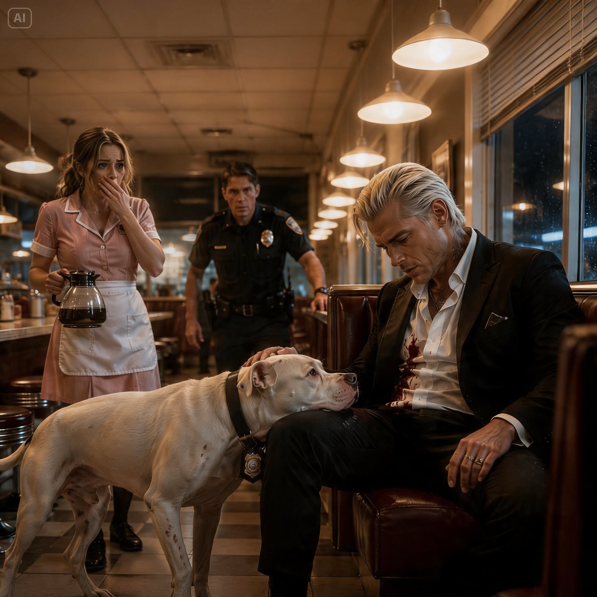 Can I Sit Here?” The Wounded Mafia Boss Asked a Waitress at 3 A.M.—Then Her Husband’s K9 Recognized Him and Exposed the Secret That Could Break Their Marriage