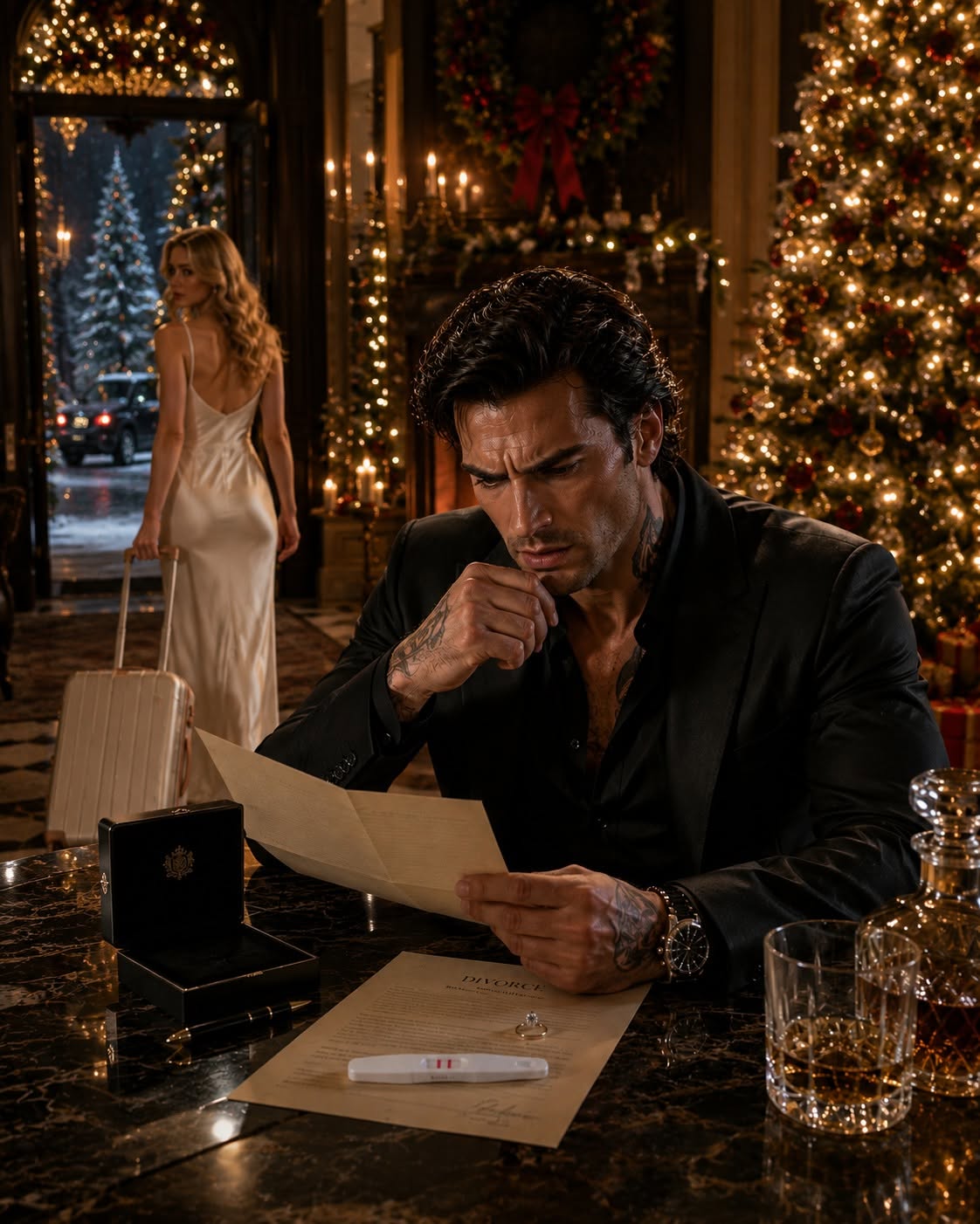 On Christmas Eve, while champagne flowed through the mansion below, I signed divorce papers in the bedroom I had slept in alone for eight months