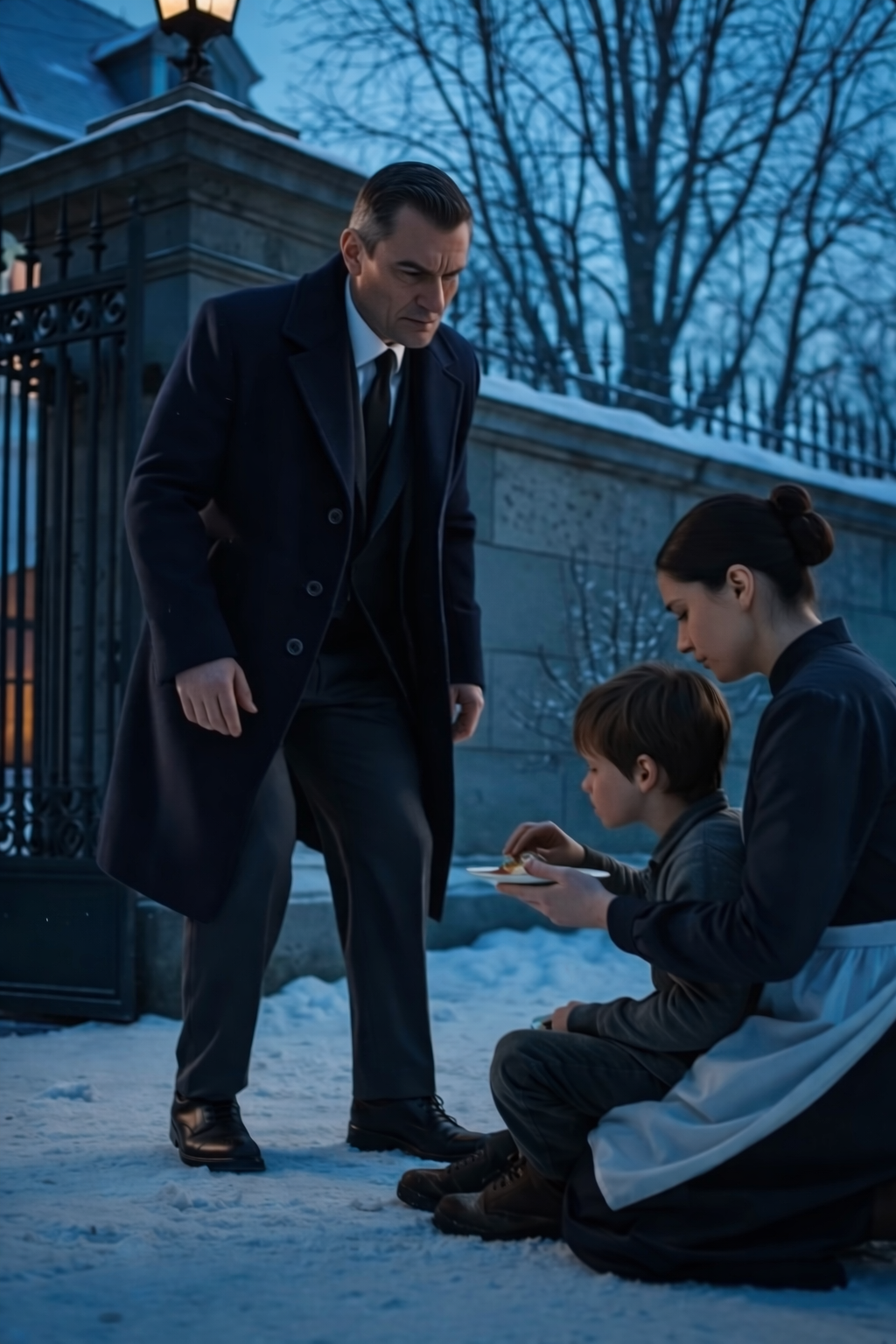 The Rich Man Stepped Outside Ready to Punish the Maid… Until He Saw Who She Was Feeding in the Snow