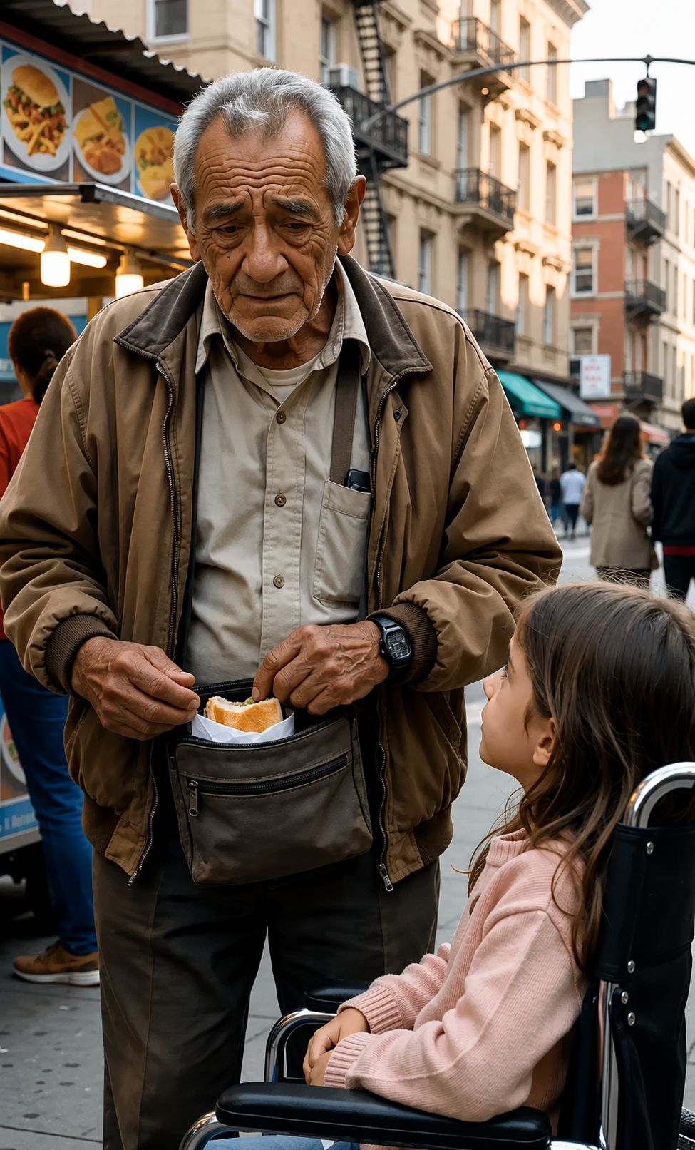 Un anciano dio comida a una niña en silla de ruedas… sin saber que acababa de alimentar a su propia nieta