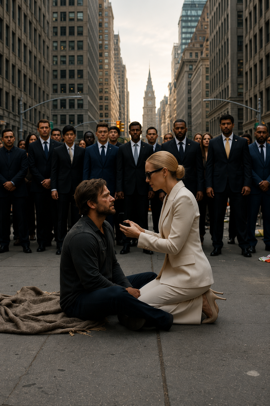 The Rich Woman Fell to Her Knees in Front of a Homeless Man… Then Opened a Ring Box That Silenced the Entire Street