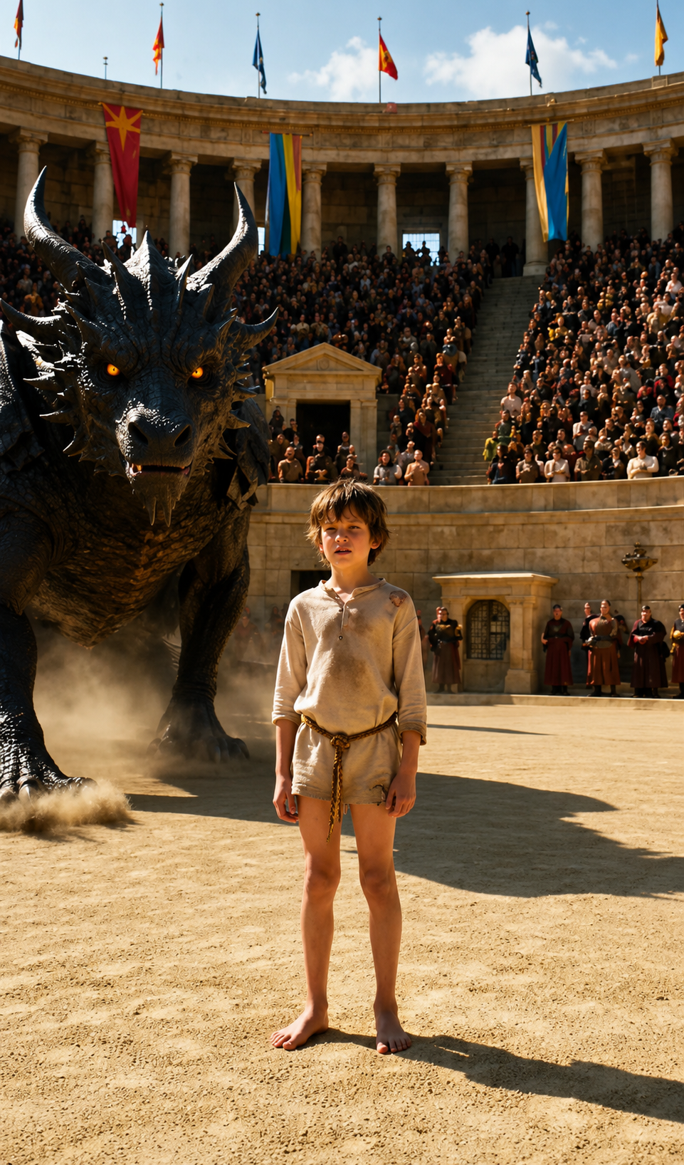 The Poor Boy Entered The Arena To Face Two Dragons… But When They Bowed, The Queen Realized He Was The Lost Prince