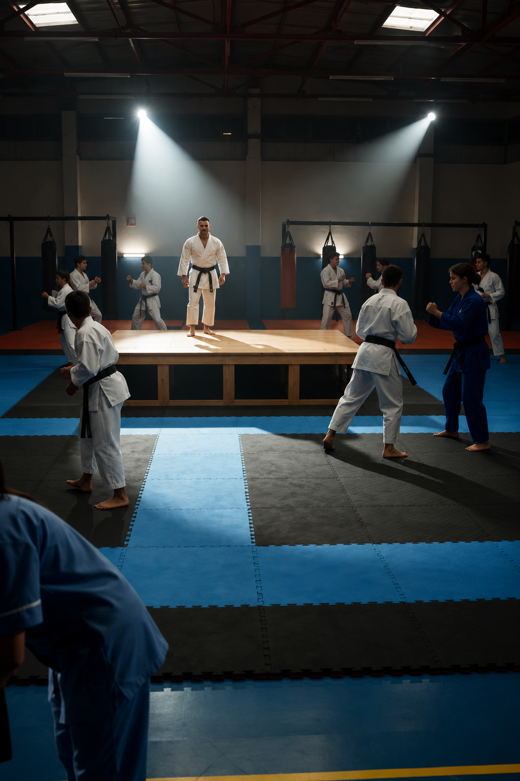 Un karateka con cinturón negro intentó humillar a una simple conserje en frente de todos… pero lo que ella hizo cambió la dinámica del gimnasio para siempre.