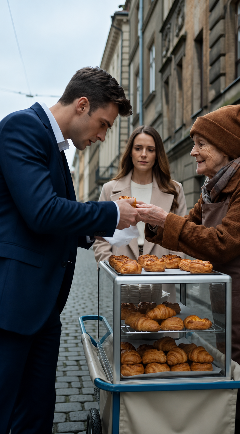 The Man in the Navy Suit Took One Bite… Then Realized the Old Pastry Seller Was His Mother