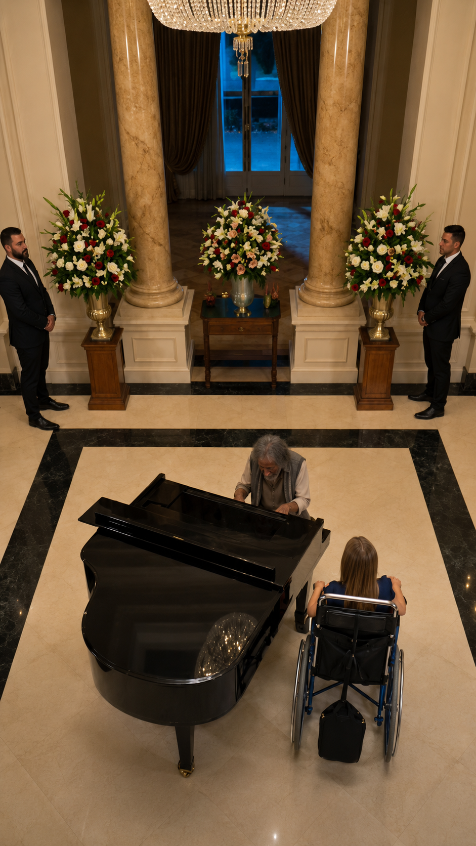 Un anciano pobre tocó el piano en una mansión de lujo… y la niña en silla de ruedas lloró al reconocer la melodía prohibida