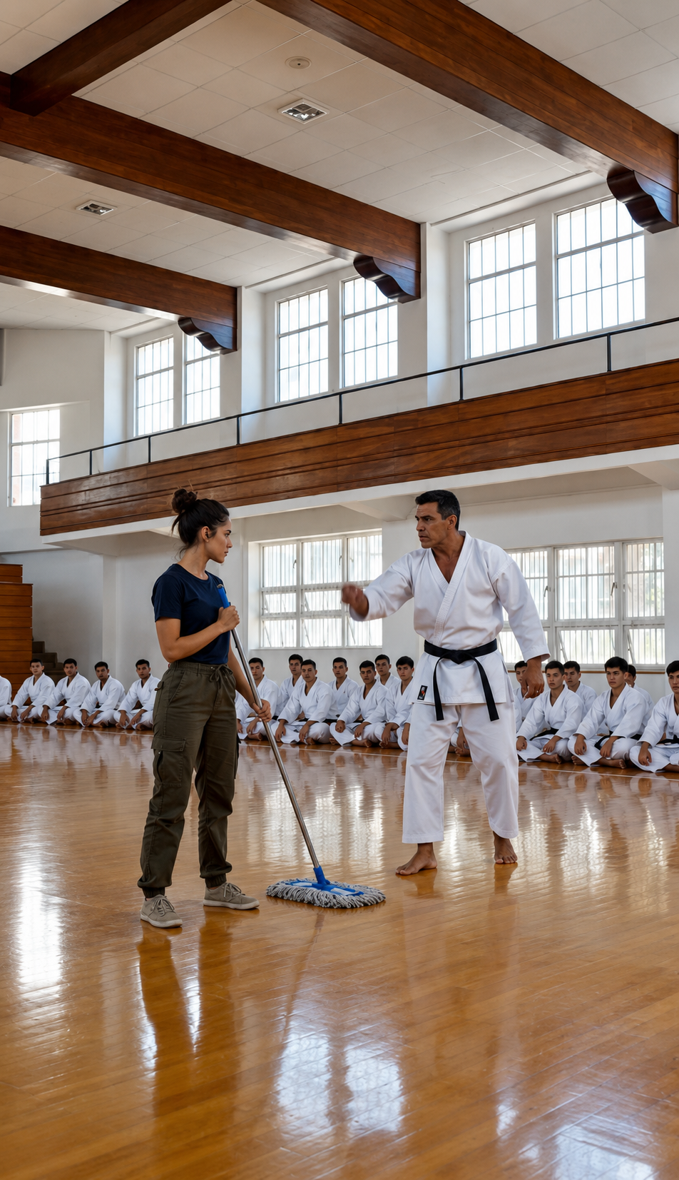 Un karateka con cinturón negro intentó humillar a una simple conserje frente a todos… pero lo que ella hizo cambió la dinámica del gimnasio para siempre