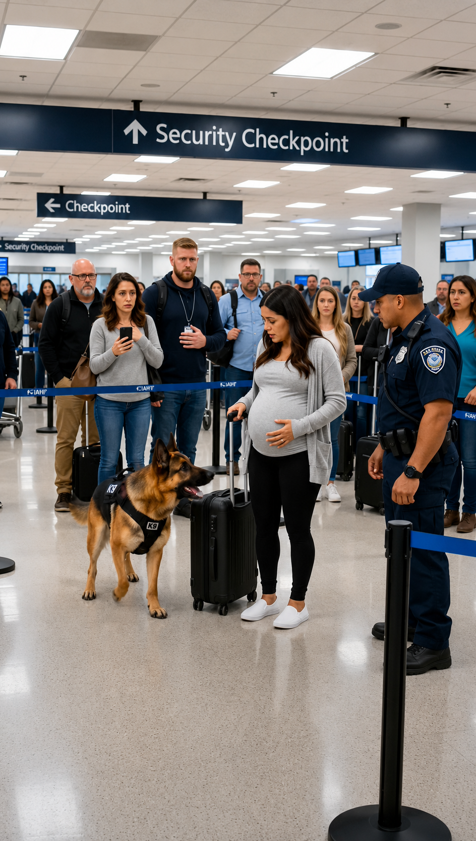El perro K9 comenzó a ladrarle al vientre de una embarazada en el aeropuerto… y segundos después, el oficial entendió que no estaba buscando drogas