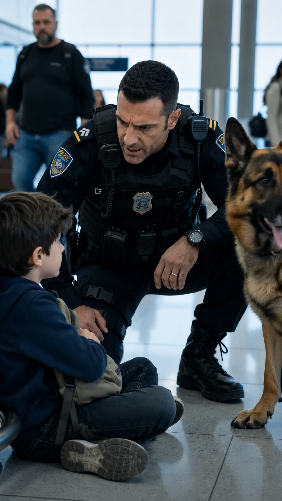 El perro K9 corrió hacia el niño del aeropuerto… hasta que encontró la placa de su padre en la mochila