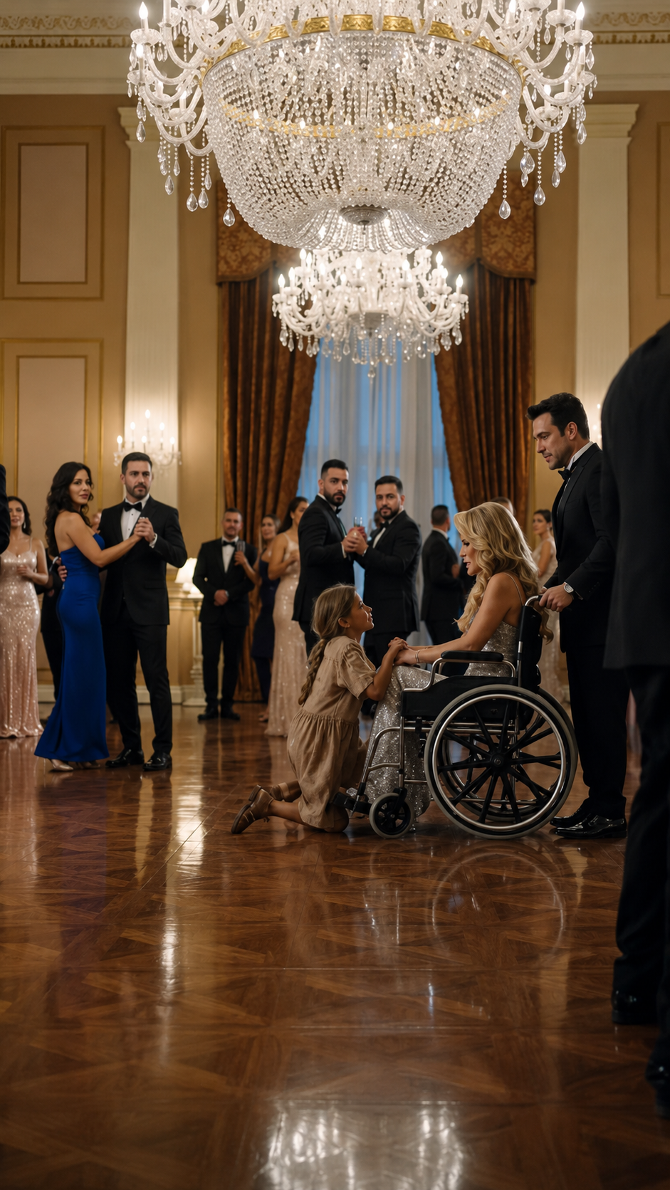 Una niña pobre se arrodilló frente a una mujer rica en silla de ruedas… y reveló el secreto que hizo palidecer a todos en el salón