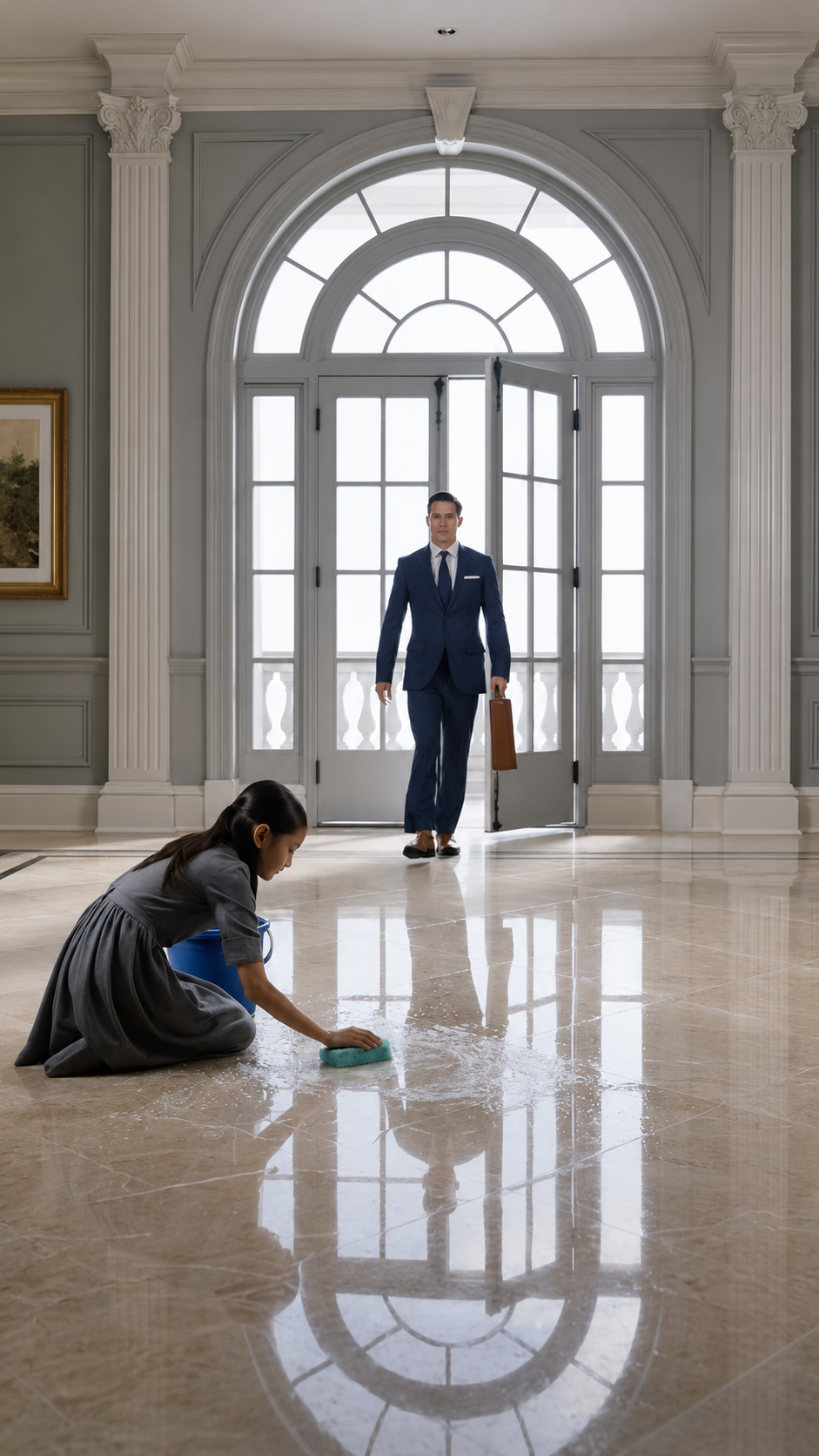 He Came to Sign the Mansion Papers… Then Found a Little Girl Scrubbing the Floor With His Dead Brother’s Key Hidden in the Bucket