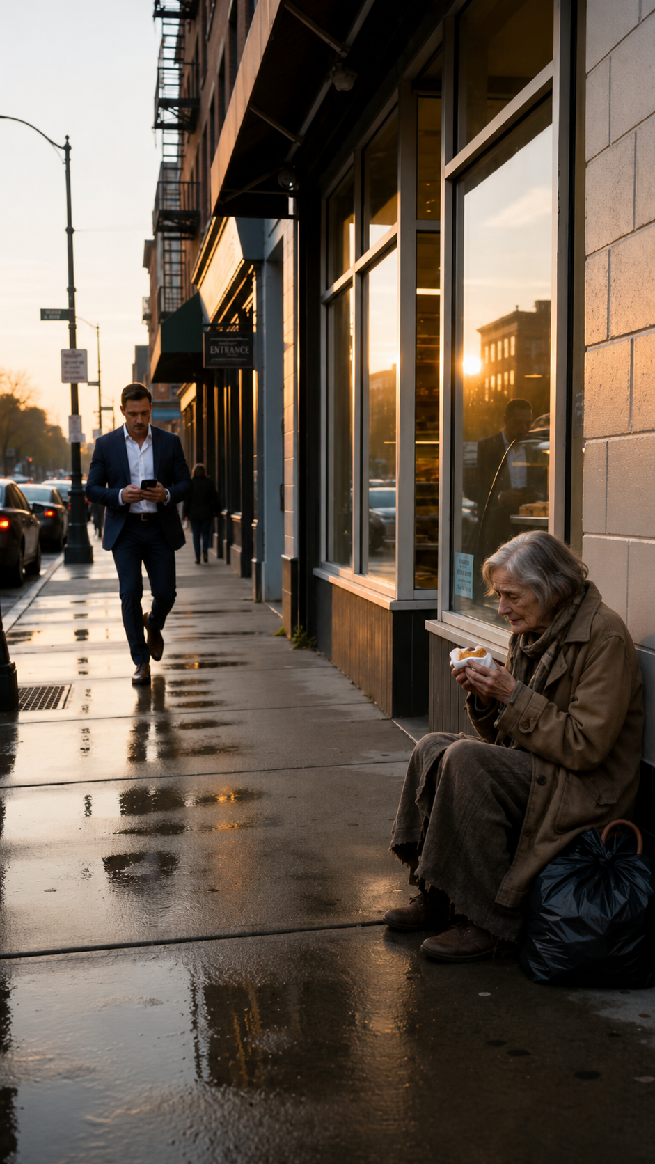 A millionaire in a navy suit ignored the poor old woman outside the bakery… until he saw what she was saving inside a napkin.