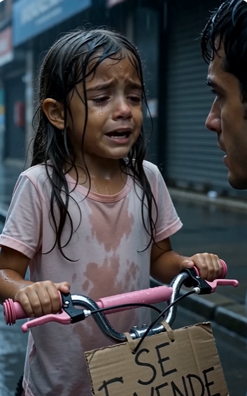 La niña vendía su bicicleta bajo la lluvia… y la razón hizo llorar al hombre que se detuvo