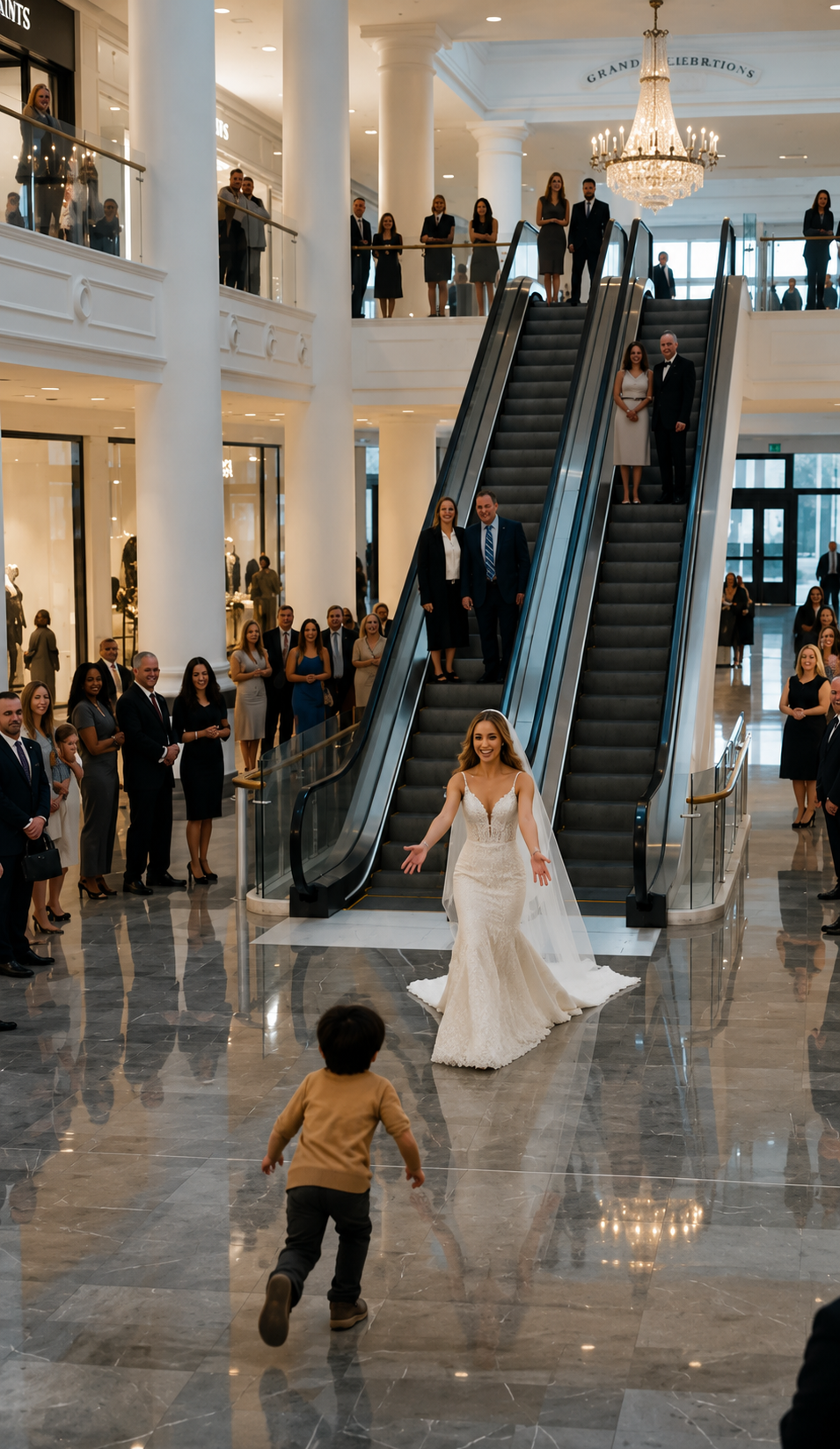 P1-A Poor Boy Grabbed The Bride’s Wedding Dress On The Escalator… But The Red Mark On Her Train Revealed The Secret Her Mother Buried