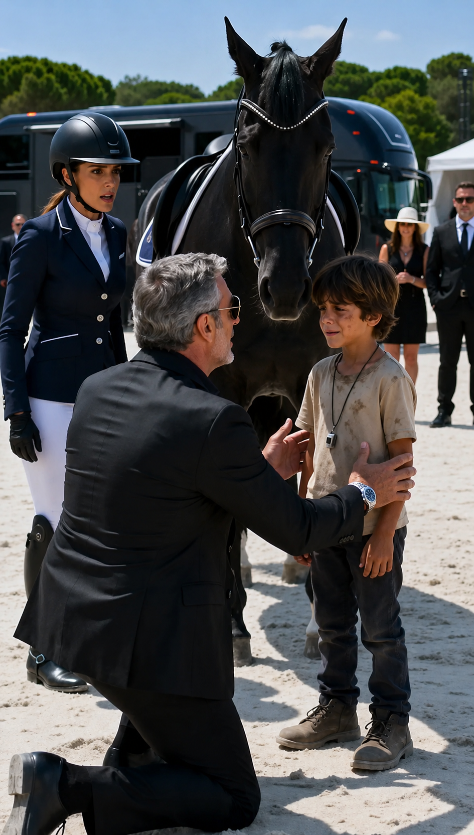 P1-El Niño Pobre Tocó El Caballo Negro Del Millonario… Pero Cuando El Animal Se Arrodilló, El Silbato Reveló Que Era El Nieto Perdido