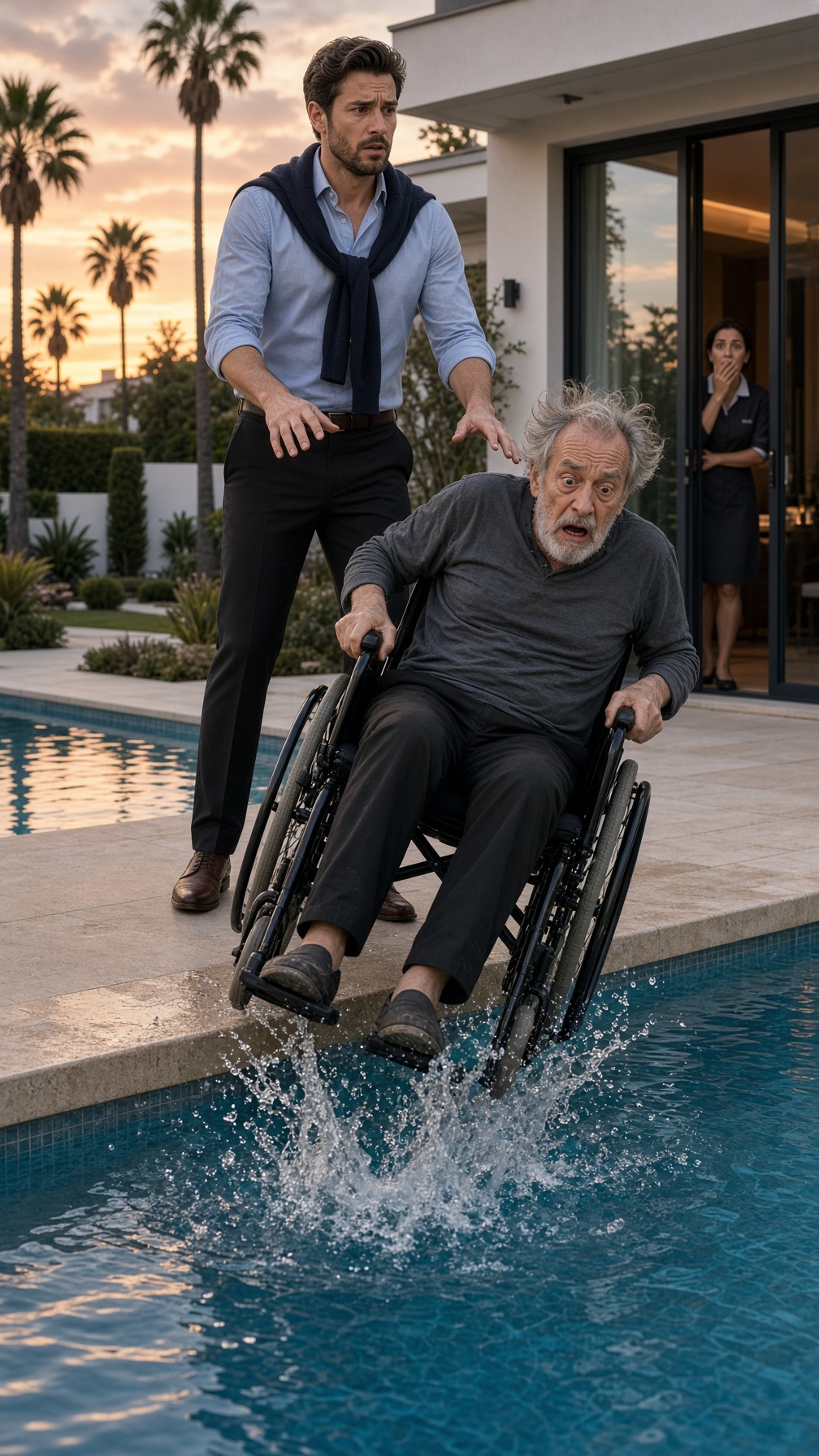 SU HIJO EMPUJÓ SU SILLA DE RUEDAS A LA PISCINA PARA HEREDARLO TODO… PERO AL ALEJARSE, UNA LUZ ROJA COMENZÓ A PARPADEAR BAJO EL AGUA