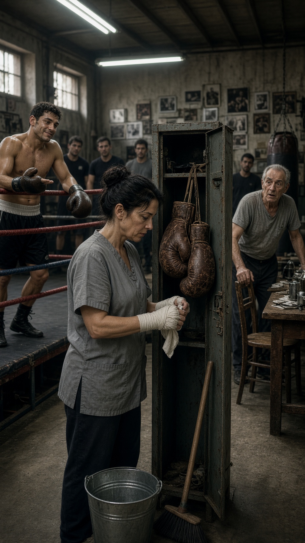 EL BOXEADOR SE BURLÓ DE LA MUJER DE LA LIMPIEZA… PERO CUANDO ELLA SE PUSO LOS GUANTES OCULTOS DURANTE VEINTE AÑOS, EL DUEÑO DEL GIMNASIO SUSURRÓ: «ISABEL…»