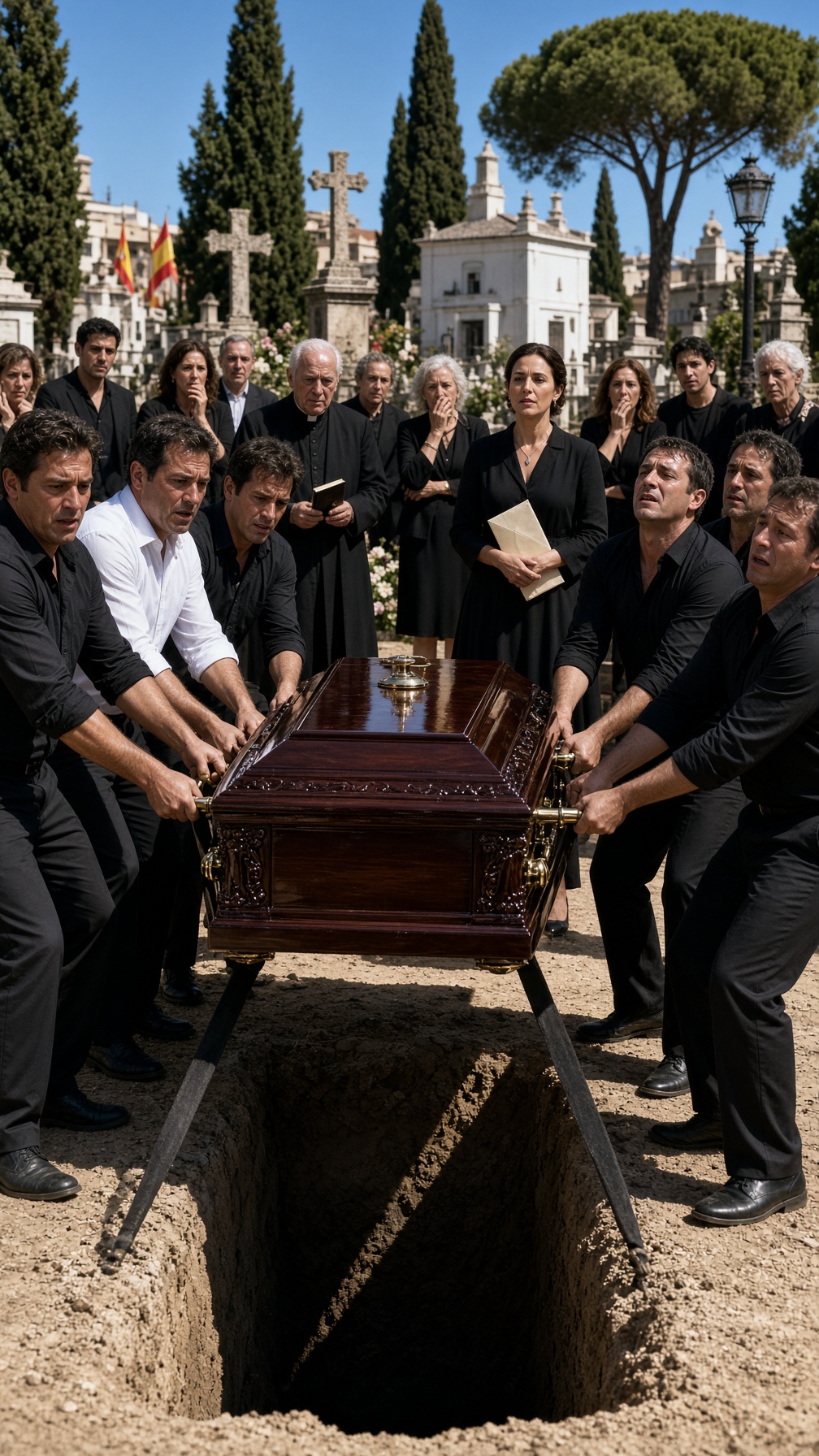 SEIS HOMBRES NO PUDIERON BAJAR EL ATAÚD DEL MILLONARIO… SU VIUDA GRITÓ «¡NO LO ABRÁIS!», PERO UN GOLPE DESDE DENTRO PARALIZÓ TODO EL CEMENTERIO