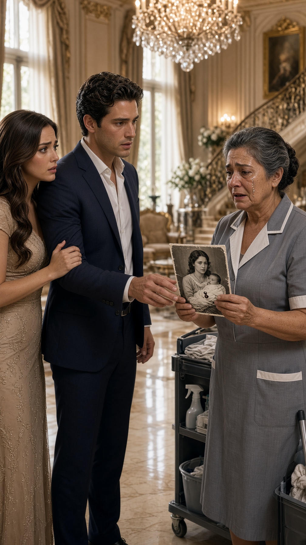 LA MILLONARIA DESPIDIÓ A LA ANCIANA LIMPIADORA DELANTE DE TODOS… PERO ELLA SACÓ UNA FOTO Y LE DIJO AL HEREDERO: «TU MADRE ME PAGÓ PARA DECLARAR QUE HABÍAS MUERTO»