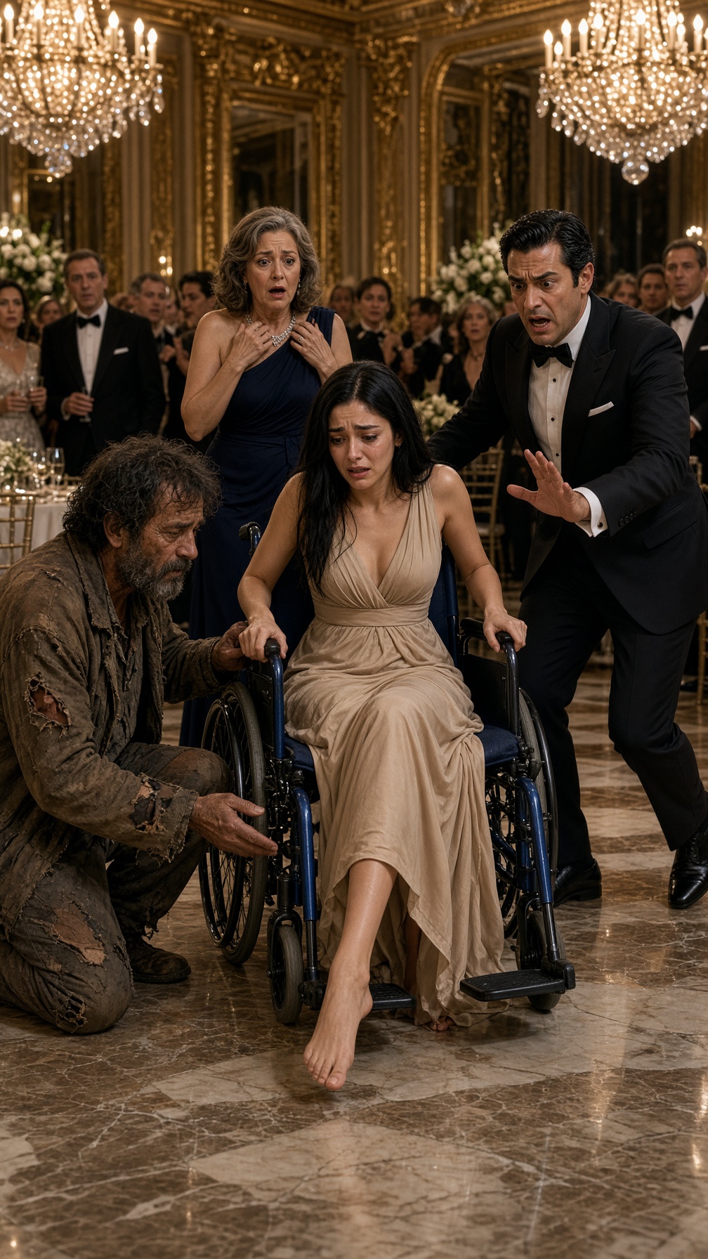 Full Story-A HOMELESS MAN WALKED INTO THE GALA AND TOLD THE PARALYZED HEIRESS, “PUT YOUR FEET ON THE FLOOR”—WHEN SHE STOOD, HER HUSBAND BEGAN CRYING IN FEAR