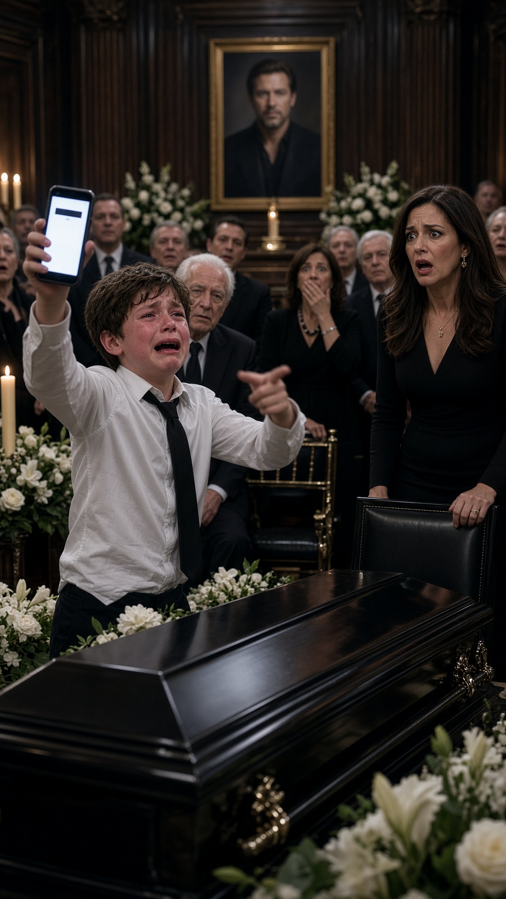 UN NIÑO INTERRUMPIÓ EL FUNERAL DE SU PADRE Y GRITÓ: «¡ESTÁ VIVO!»… PERO LA MADRASTRA PALIDECIÓ CUANDO ÉL MOSTRÓ DE DÓNDE VENÍA LA SEÑAL
