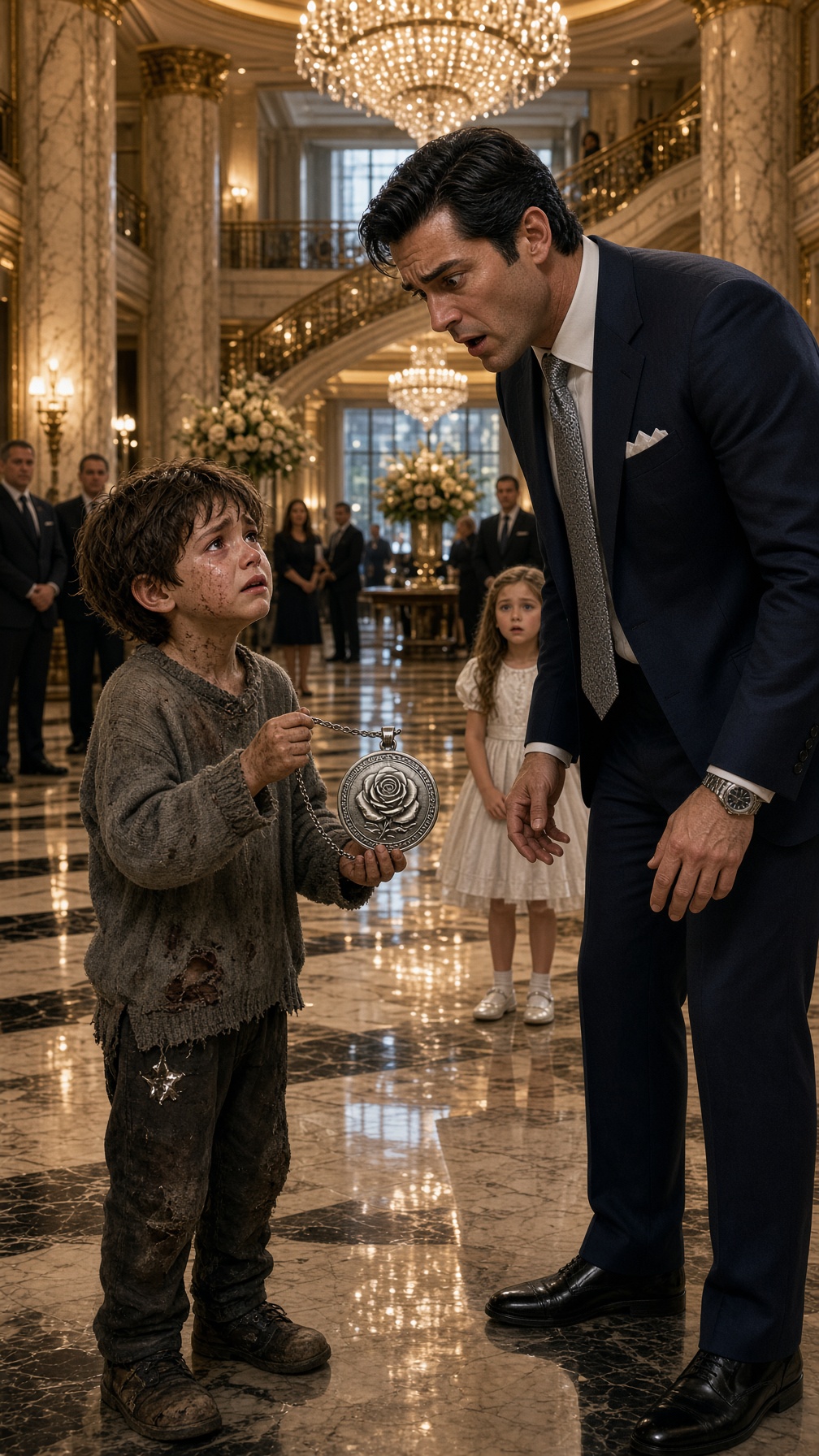 EL NIÑO HUÉRFANO ENTRÓ DESCALZO EN LA GALA DEL MILLONARIO Y MOSTRÓ UN COLGANTE… CUANDO ALEJANDRO VIO LA ROSA DE PLATA, SUSURRÓ: “ESA JOYA FUE ENTERRADA CON MI HERMANA”