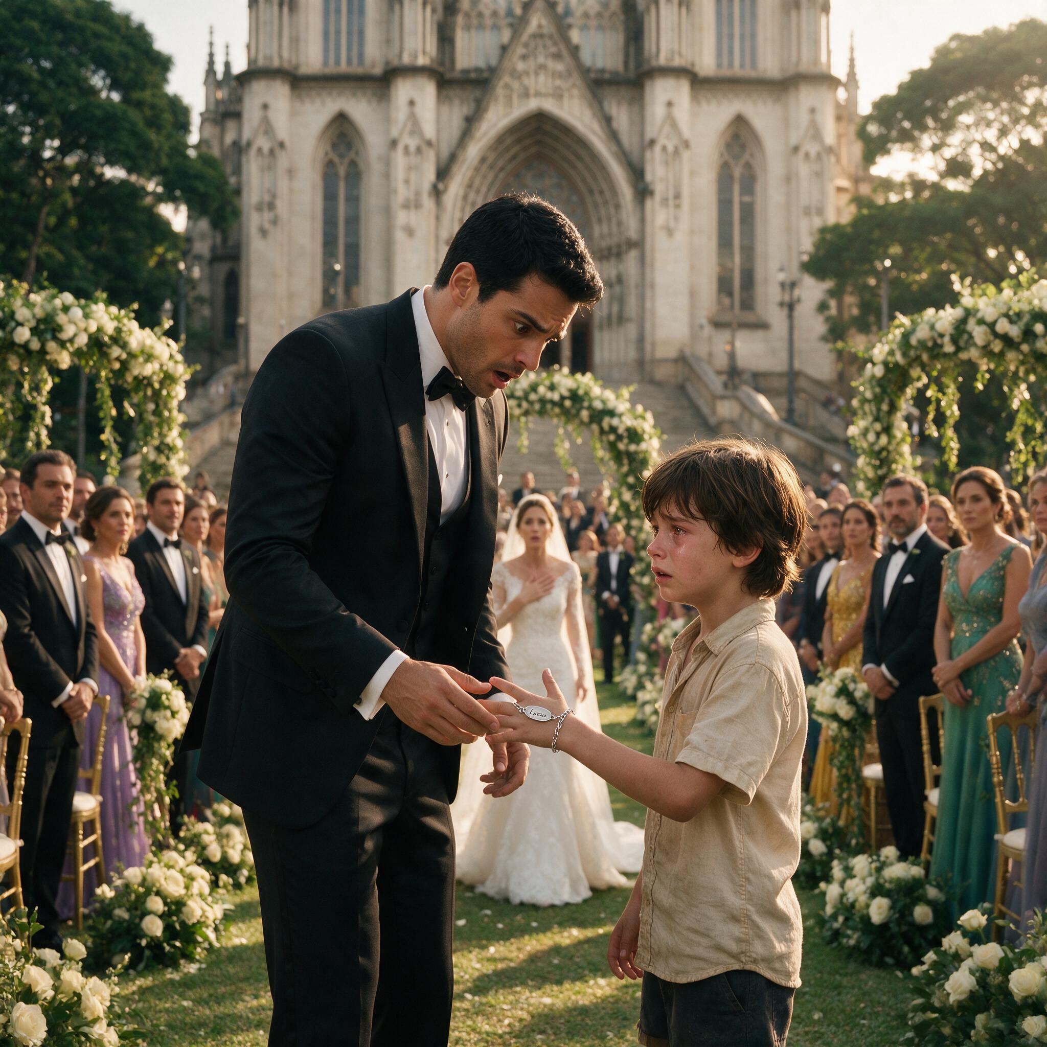 A LITTLE BOY INTERRUPTED THE MILLIONAIRE’S WEDDING AND HANDED HIM A BRACELET… WHEN THE GROOM OPENED IT, THE BRIDE DROPPED HER BOUQUET