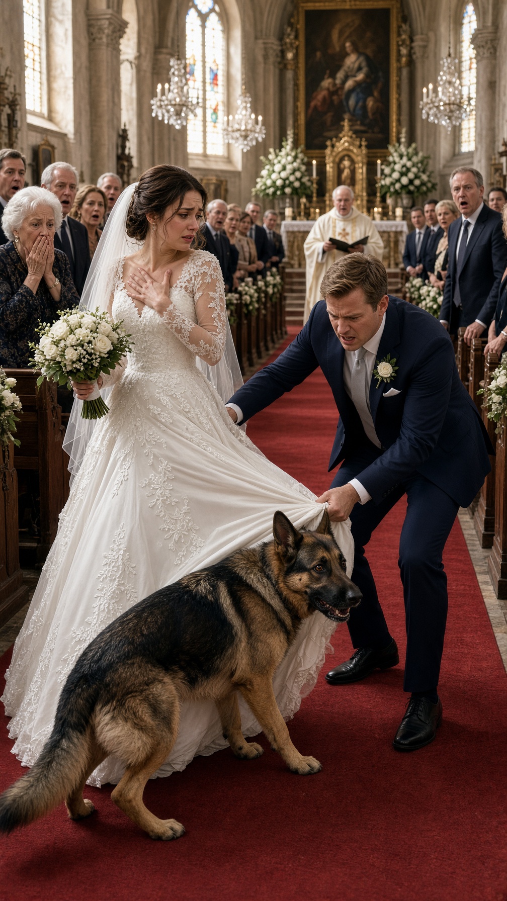 EL PERRO DE LA NOVIA MORDIÓ SU VESTIDO JUSTO ANTES DEL ALTAR… TODOS QUISIERON APARTARLO, HASTA QUE ELLA SACÓ ALGO OCULTO EN LA TELA Y EL NOVIO SUSURRÓ: “NO LO ABRAS”