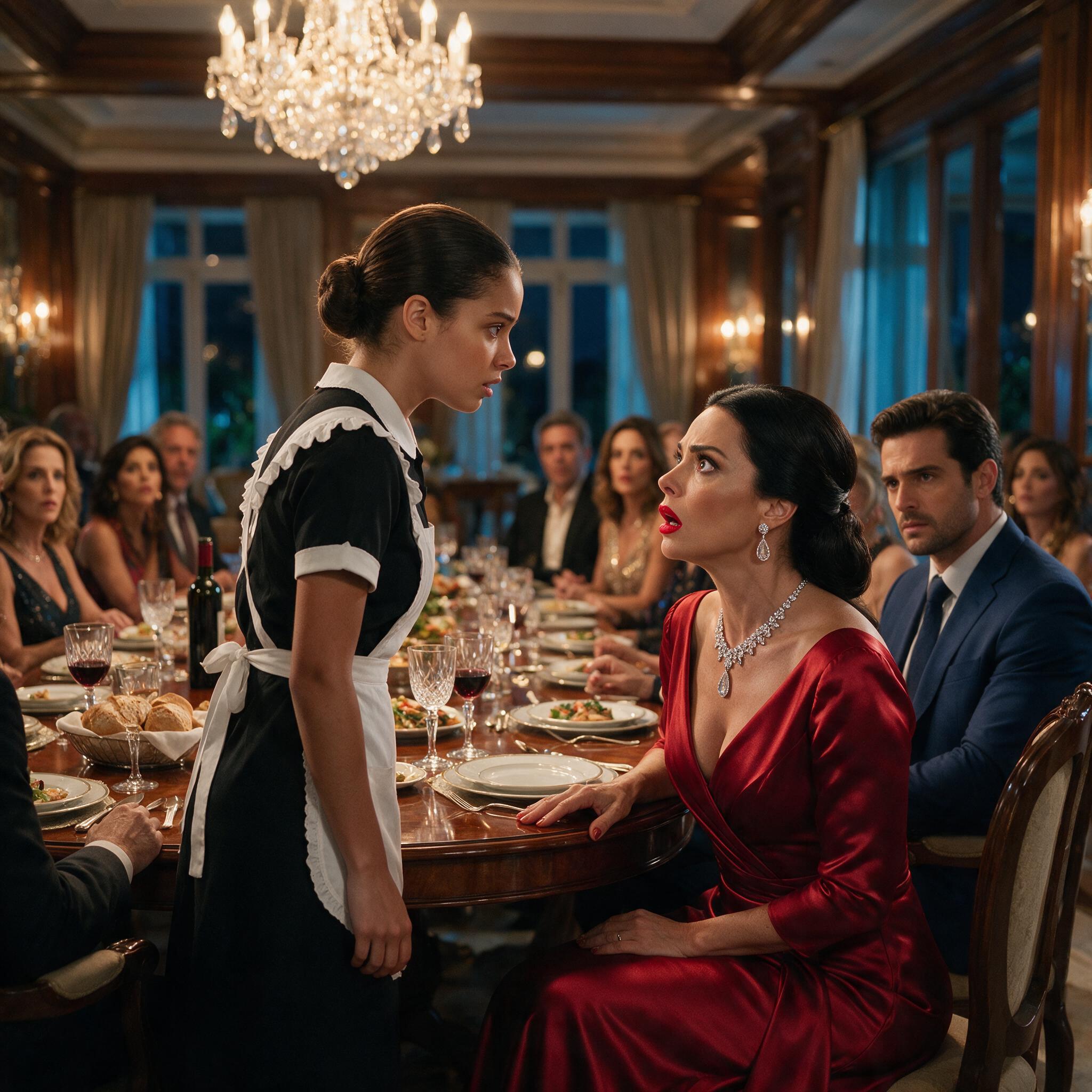 THE MILLIONAIRE HUMILIATED THE MAID IN FRONT OF EVERYONE… BUT WHEN SHE PULLED OUT HER MOTHER’S PENDANT, THE OWNER OF THE MANSION STOOD UP AND SAID, “THAT’S IMPOSSIBLE.”