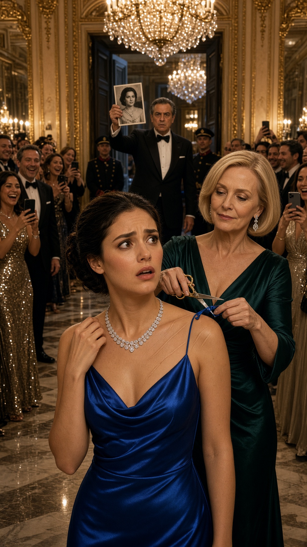 LA MILLONARIA CORTÓ EL TIRANTE DEL VESTIDO DE LUCÍA PARA HUMILLARLA DELANTE DE TODA LA GALA… PERO CUANDO ALEJANDRO VIO LAS MARCAS DE SU CUELLO, SACÓ UNA VIEJA FOTO Y PREGUNTÓ: “¿QUIÉN ERA TU MADRE?”