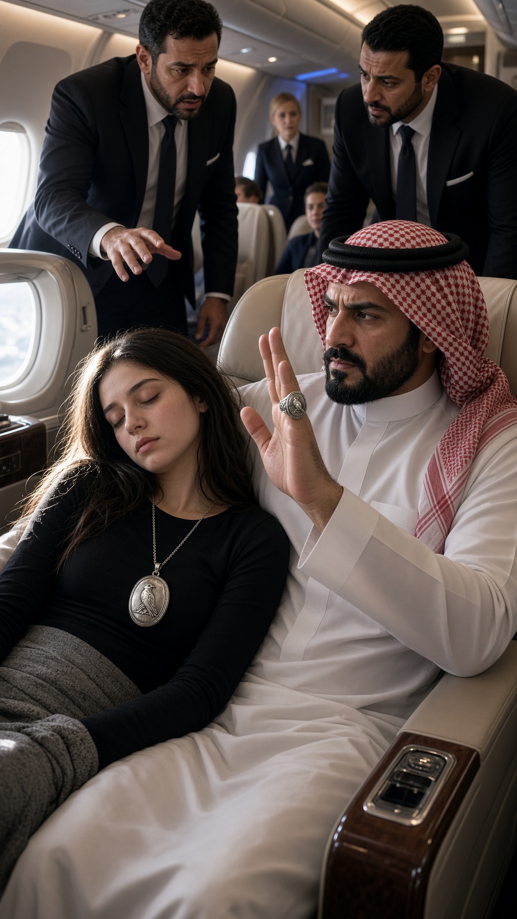 Full Story-A YOUNG WOMAN FELL ASLEEP ON A PLANE AND RESTED HER HEAD ON THE SHOULDER OF DUBAI’S RICHEST AND MOST FEARED SHEIKH—HIS BODYGUARDS MOVED TO REMOVE HER, UNTIL HE SAW HER NECKLACE AND ORDERED, “DON’T TOUCH HER.”