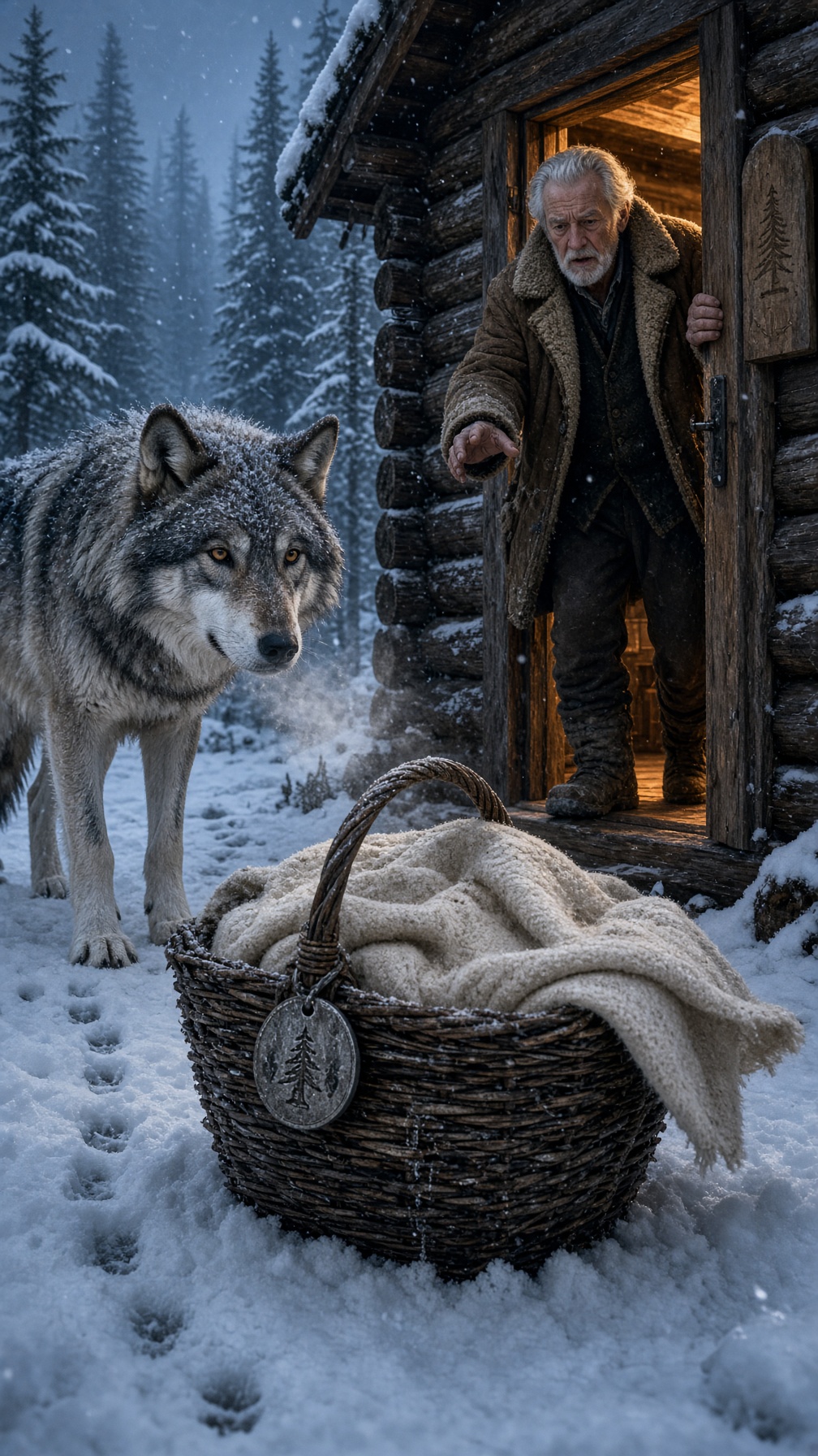 UN LOBO SALIÓ DEL BOSQUE NEVADO CON UNA EXTRAÑA CESTA Y LA DEJÓ FRENTE A LA CASA DE UN ANCIANO… PERO CUANDO ÉL VIO EL MEDALLÓN ATADO AL ASA, SUSURRÓ ENTRE LÁGRIMAS: “ELENA…”