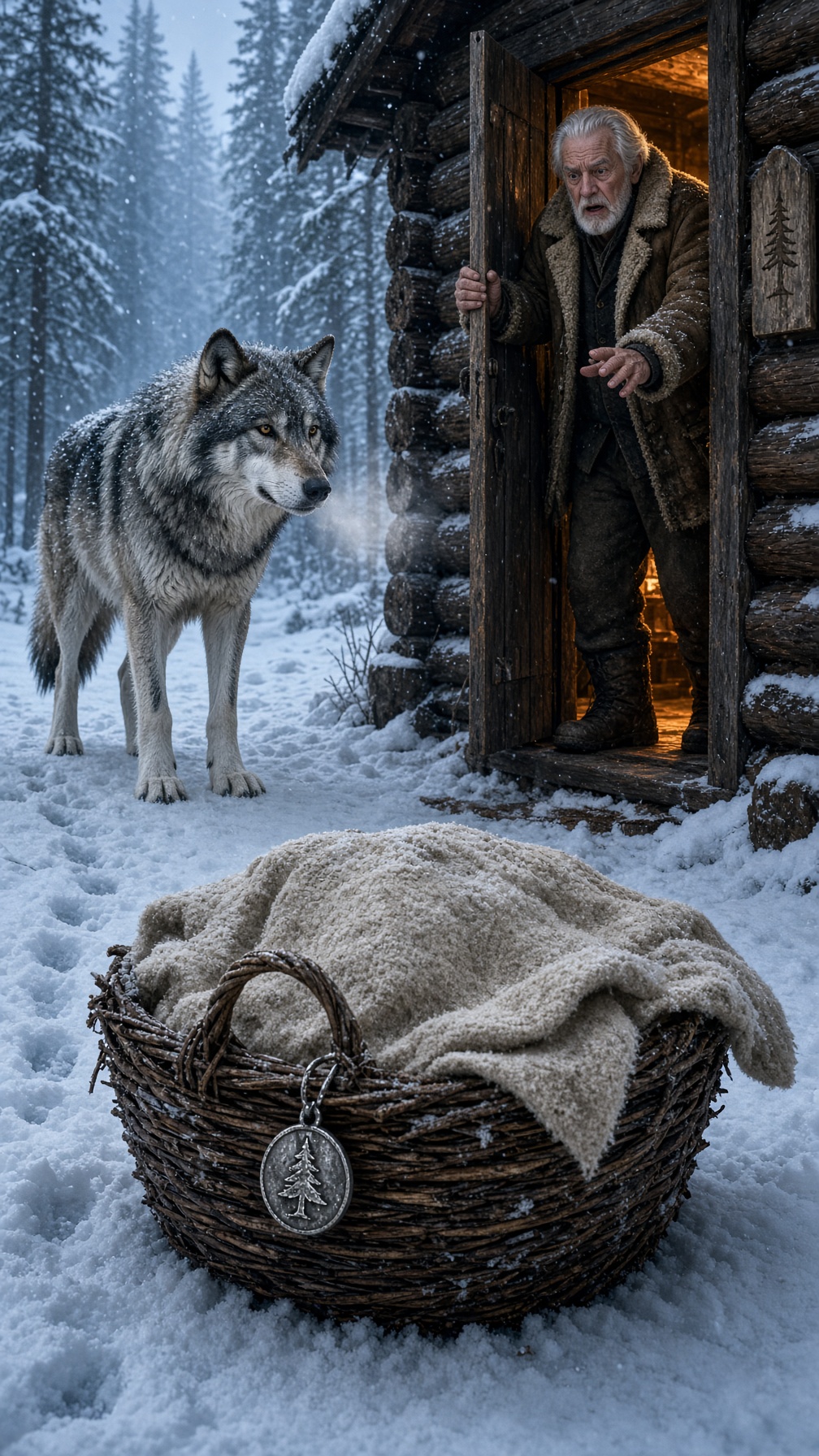 Full Story-A WOLF EMERGED FROM THE SNOWY FOREST DRAGGING A STRANGE BASKET AND LEFT IT OUTSIDE AN OLD MAN’S CABIN—BUT WHEN HE SAW THE LOCKET TIED TO THE HANDLE, HE WHISPERED THROUGH HIS TEARS, “ELENA…”