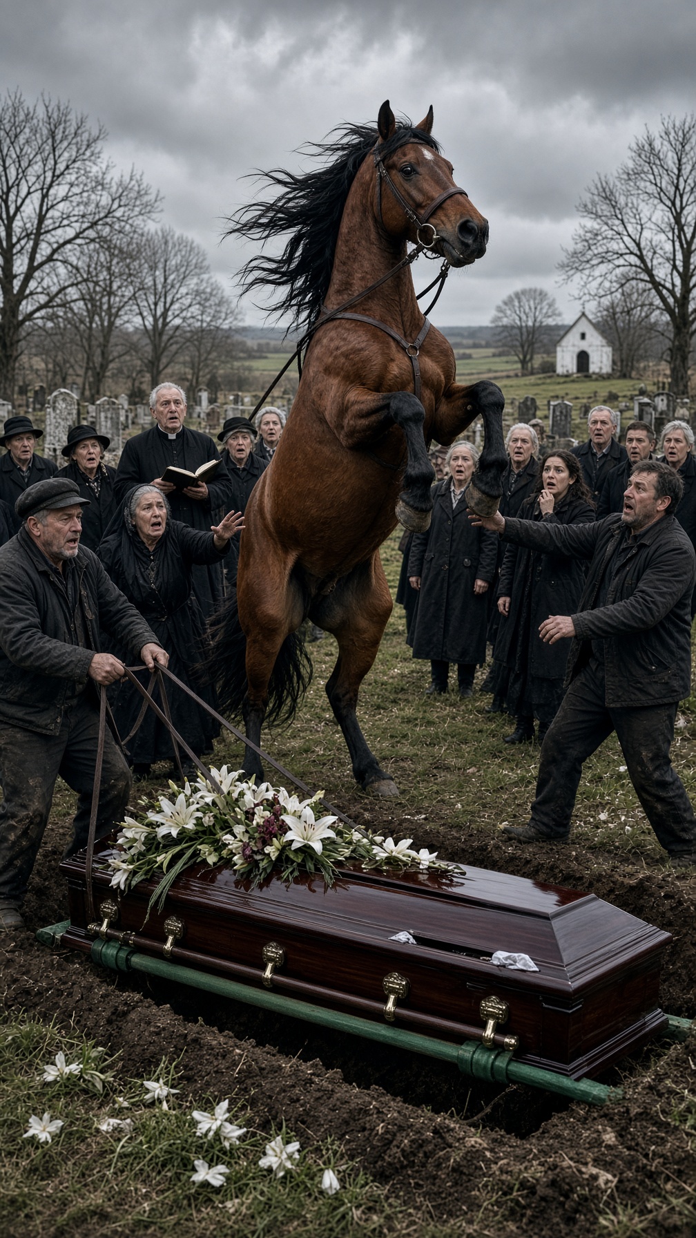 EL CABALLO IRRUMPIÓ EN EL FUNERAL DE SU DUEÑO Y NADIE LOGRABA APARTARLO DEL ATAÚD… HASTA QUE CAYÓ UNA BOLSA DE CUERO Y EL HERMANO DEL DIFUNTO GRITÓ: “¡NO LA ABRAS!”