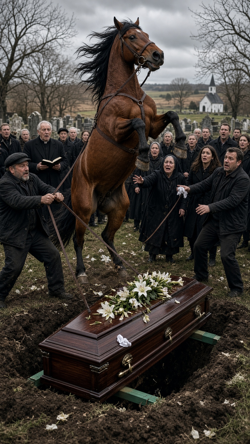 Full Story-THE HORSE CHARGED INTO HIS OWNER’S FUNERAL AND REFUSED TO LEAVE THE CASKET—UNTIL A LEATHER POUCH FELL FROM ITS HARNESS AND THE DEAD MAN’S BROTHER SHOUTED, “DON’T OPEN IT!”