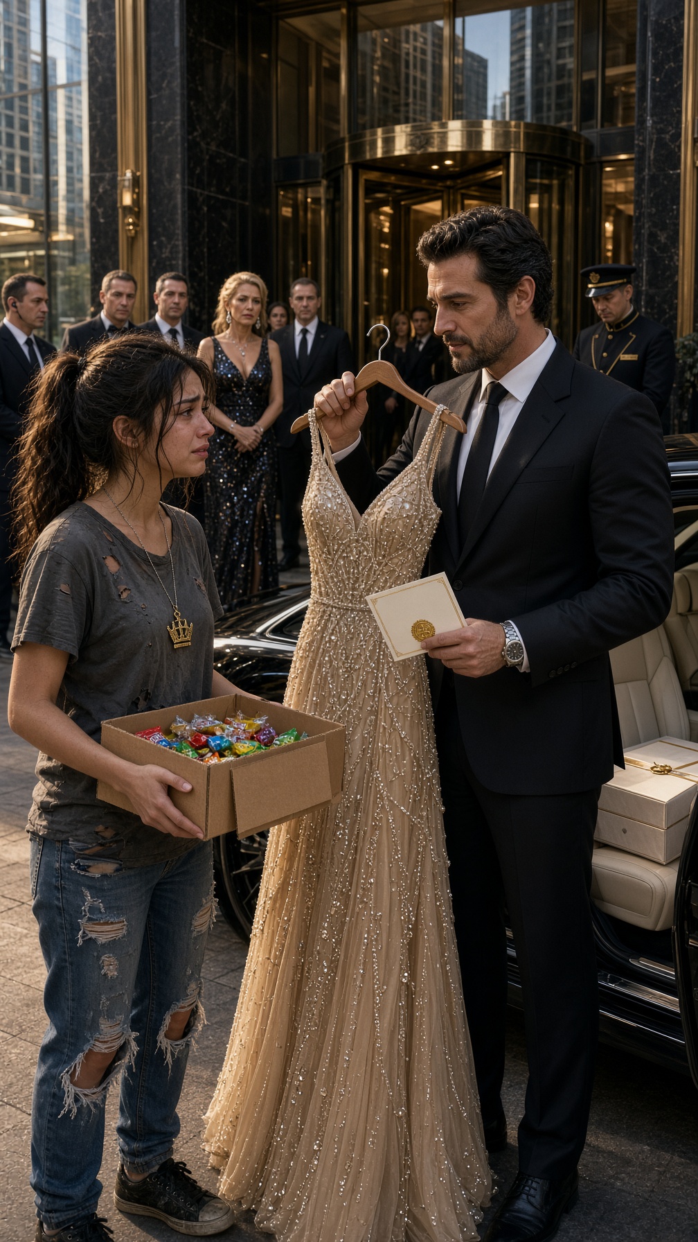 LA JOVEN VENDÍA CARAMELOS A 1 EURO FRENTE A UNA TORRE DE LUJO… HASTA QUE UN MILLONARIO LE ENTREGÓ UN VESTIDO DE PERLAS Y DIJO POR TELÉFONO: “LA INVITADA PRINCIPAL ACABA DE LLEGAR”