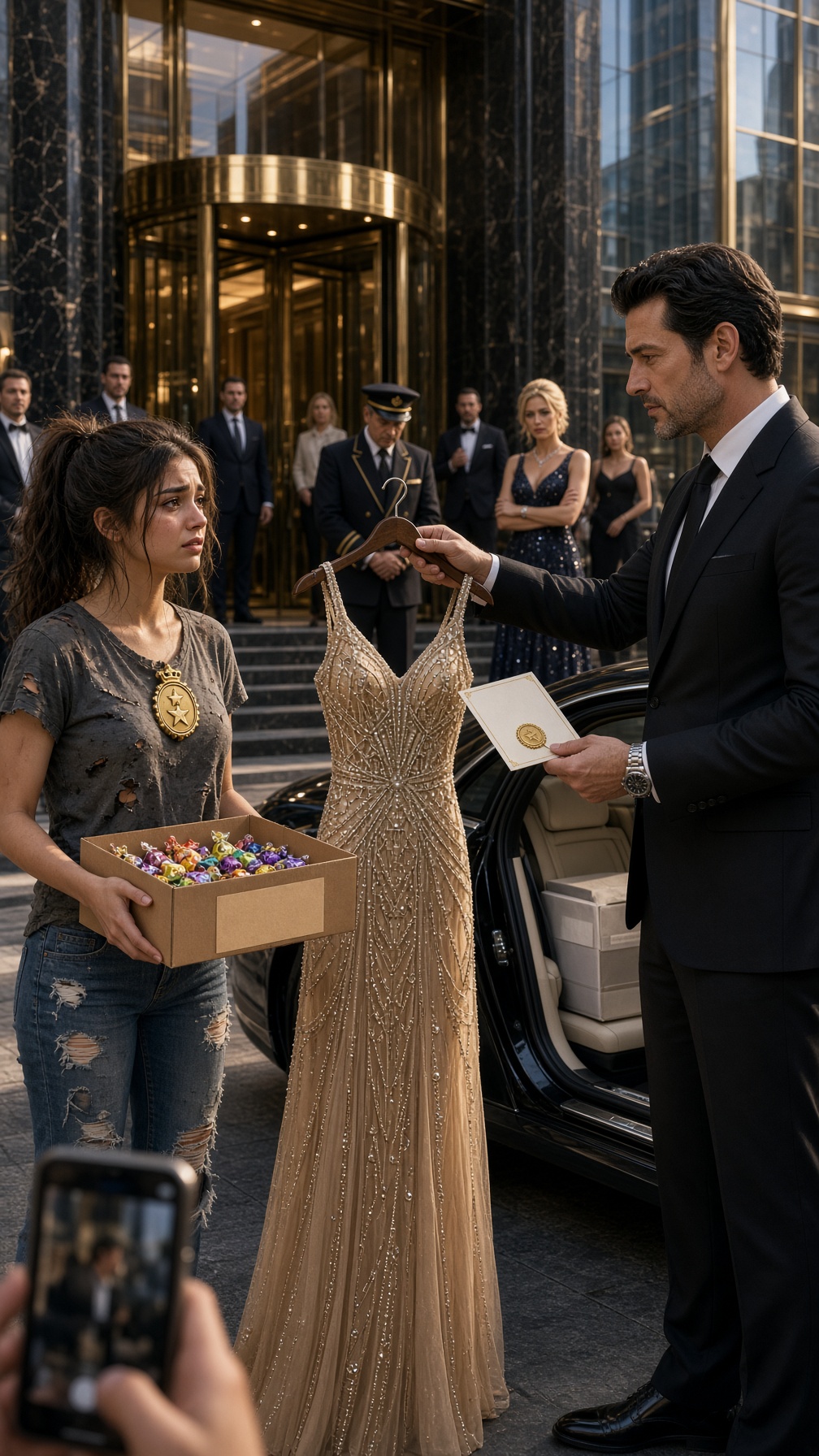 Full Story-THE YOUNG WOMAN SOLD $1 CANDY OUTSIDE A LUXURY TOWER—UNTIL A MILLIONAIRE HANDED HER A PEARL-COVERED DRESS AND SAID, “THE GUEST OF HONOR HAS ARRIVED.”
