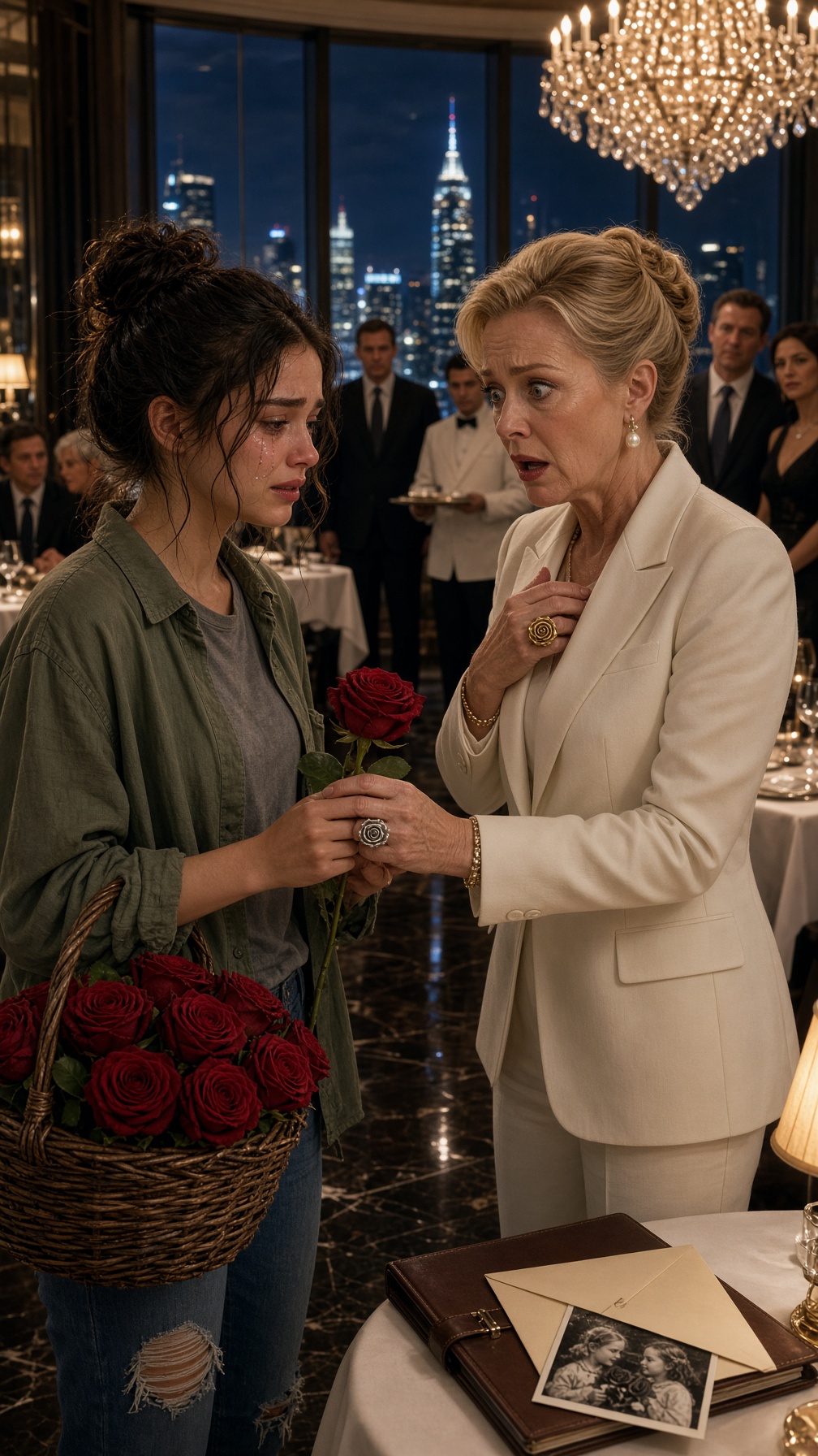 Full Story-A YOUNG WOMAN WAS SELLING ROSES IN A LUXURY RESTAURANT—THEN SHE SAW A RICH WOMAN’S RING, PULLED AN IDENTICAL ONE FROM HER NECK, AND HEARD: “LUCIA… THEY TOLD ME YOU WERE DEAD.”