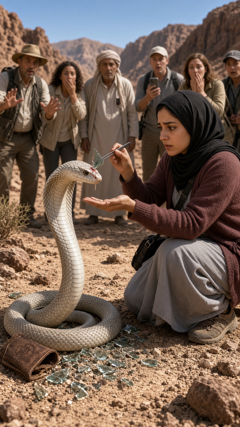 UNA JOVEN SACÓ UN TROZO DE VIDRIO DE LA CABEZA DE UNA ENORME COBRA… TODOS ESPERABAN QUE LA MORDIERA, PERO EL ANIMAL HIZO ALGO QUE OBLIGÓ AL GUÍA A SUSURRAR: “ESTA SERPIENTE NO DEBERÍA ESTAR AQUÍ”