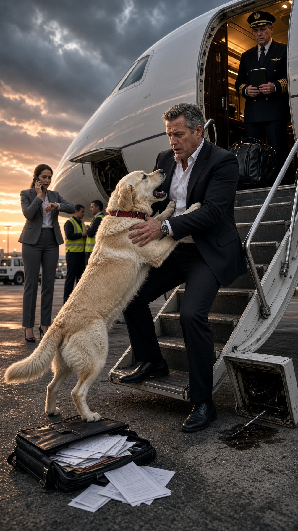 EL PERRO DE UN MULTIMILLONARIO SE NEGÓ A DEJARLO SUBIR A SU JET PRIVADO… TODOS PENSARON QUE QUERÍA ACOMPAÑARLO, HASTA QUE ENCONTRÓ ALGO BAJO LA ESCALERA Y EL DUEÑO SUSURRÓ: “ESO NO ES MÍO”
