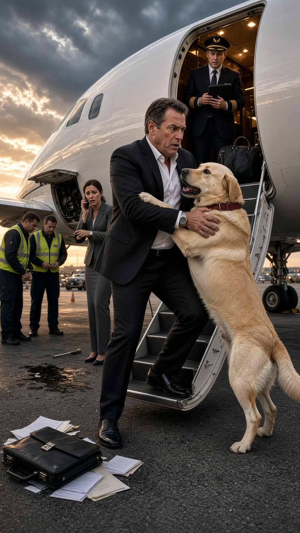 Full Story-A BILLIONAIRE’S DOG REFUSED TO LET HIM BOARD HIS PRIVATE JET—EVERYONE THOUGHT HE WANTED TO COME ALONG, UNTIL HE CLAWED AT SOMETHING UNDER THE STAIRS AND HIS OWNER WHISPERED, “THAT ISN’T MINE.”