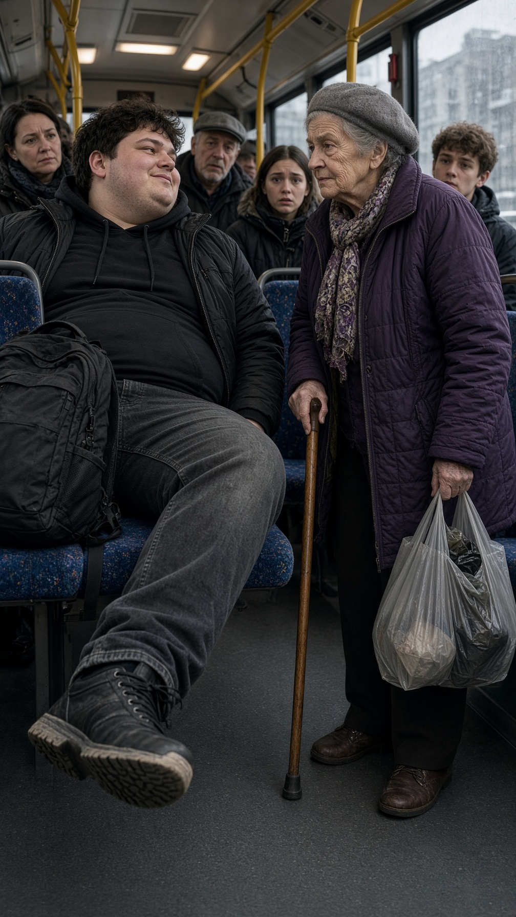 UN JOVEN OCUPÓ DOS ASIENTOS EN UN AUTOBÚS Y SE RIÓ DE UNA ANCIANA QUE APENAS PODÍA MANTENERSE EN PIE… HASTA QUE ELLA VIO SU CREDENCIAL, SACÓ UNA FOTO ANTIGUA Y DIJO: “ENTONCES DEBERÍAS SABER QUIÉN FUNDÓ ESTA LÍNEA”