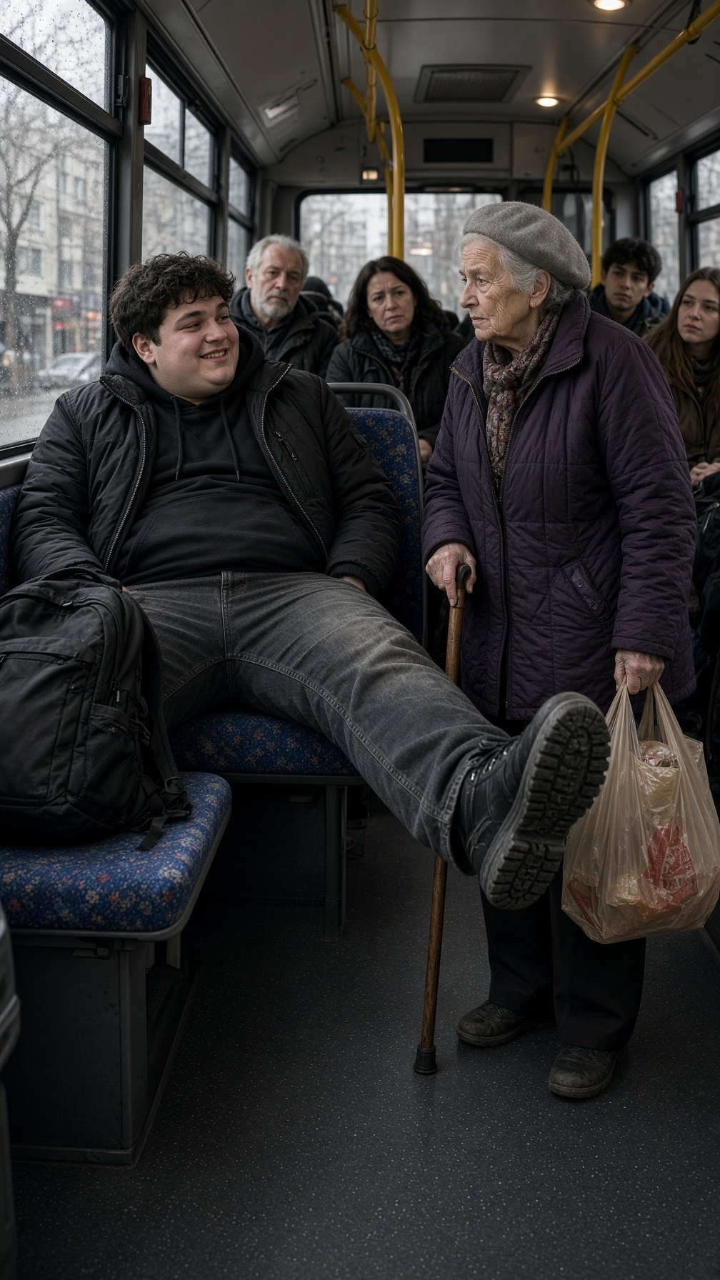 Full Story-A YOUNG MAN TOOK TWO BUS SEATS AND LAUGHED AT AN ELDERLY WOMAN WHO COULD BARELY STAND—THEN SHE SAW HIS EMPLOYEE BADGE, PULLED OUT AN OLD PHOTOGRAPH, AND SAID, “YOU SHOULD KNOW WHO STARTED THIS ROUTE.”