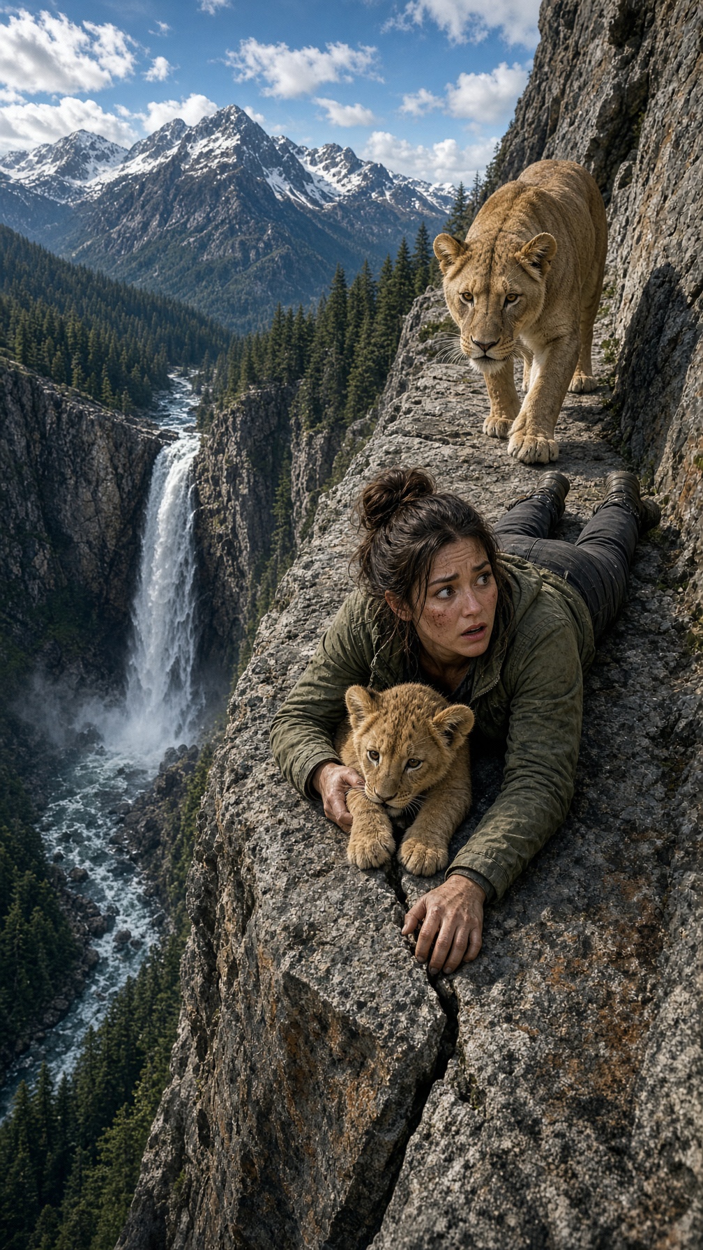 Full Story-SHE RESCUED A LION CUB DANGLING OVER A CLIFF… BUT WHEN SHE TURNED AROUND, HIS MOTHER WAS STANDING BEHIND HER