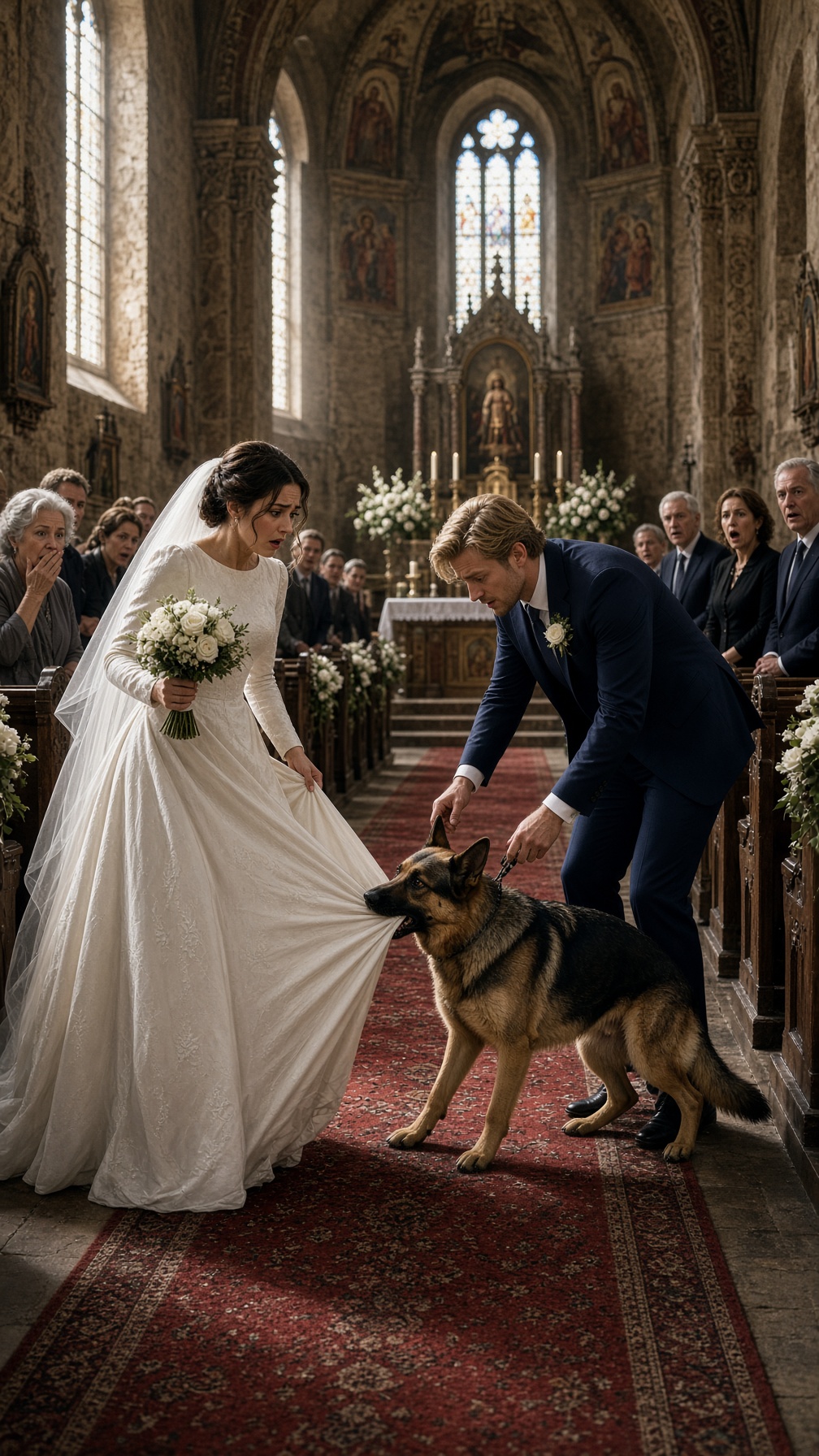 EL PERRO DE LA NOVIA MORDIÓ SU VESTIDO A METROS DEL ALTAR… CUANDO LEVANTARON LA FALDA, TODOS ENTENDIERON QUE BRUNO ACABABA DE SALVARLE LA VIDA