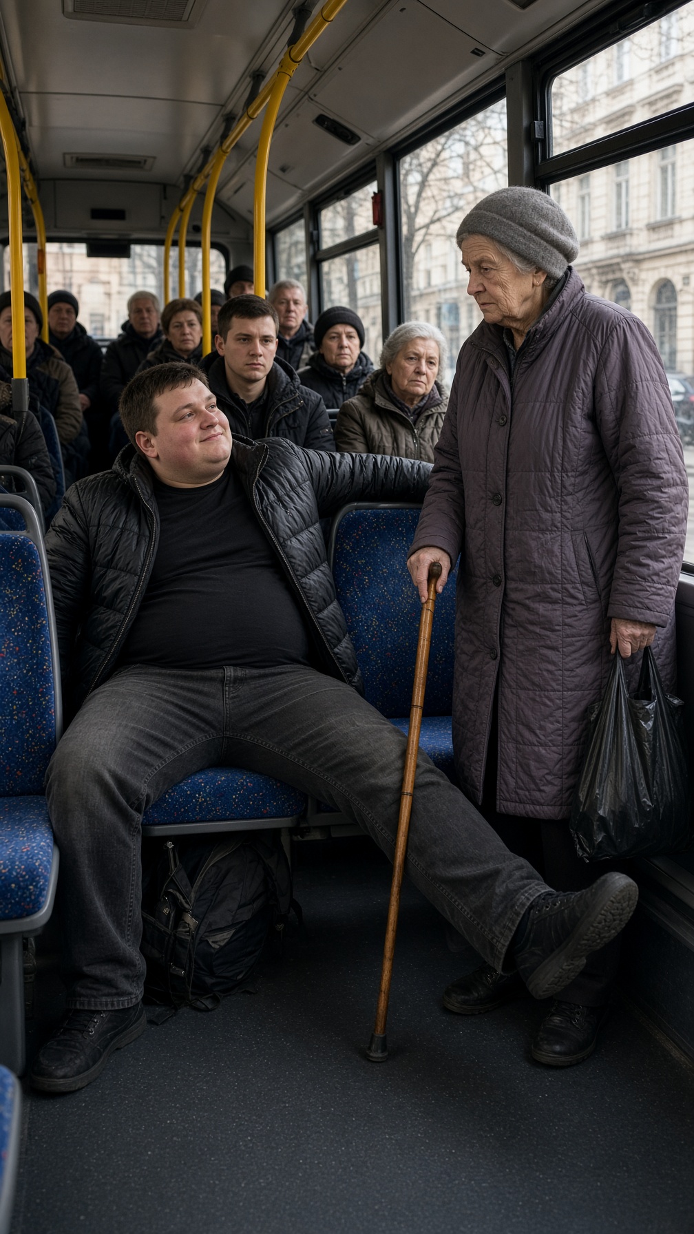 SE NEGÓ A MOVER LAS PIERNAS Y SE RIÓ DE LA ANCIANA EN EL AUTOBÚS… PERO ELLA SUSURRÓ: «DENTRO DE VEINTE MINUTOS TENÍAS UNA ENTREVISTA CONMIGO»