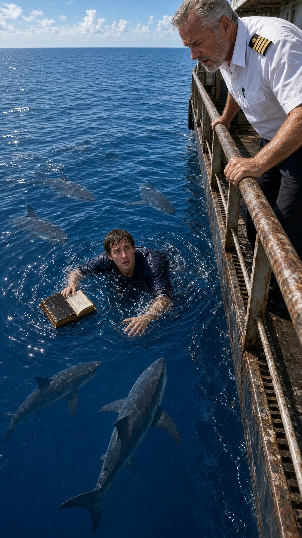 EL CAPITÁN ARROJÓ AL MAR EL LIBRO QUE SU MARINERO HEREDÓ DE SU PADRE… PERO CUANDO ÉL SALTÓ ENTRE LOS TIBURONES Y GRITÓ «¡SU NOMBRE ESTÁ AQUÍ!», EL CAPITÁN SE QUEDÓ PÁLIDO